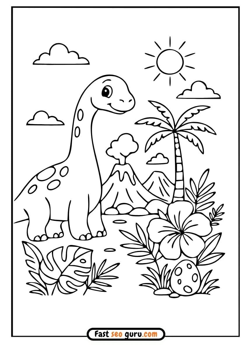 A cute long-necked dinosaur coloring page with a smoking volcano, tropical plants, and an egg in a prehistoric scene.