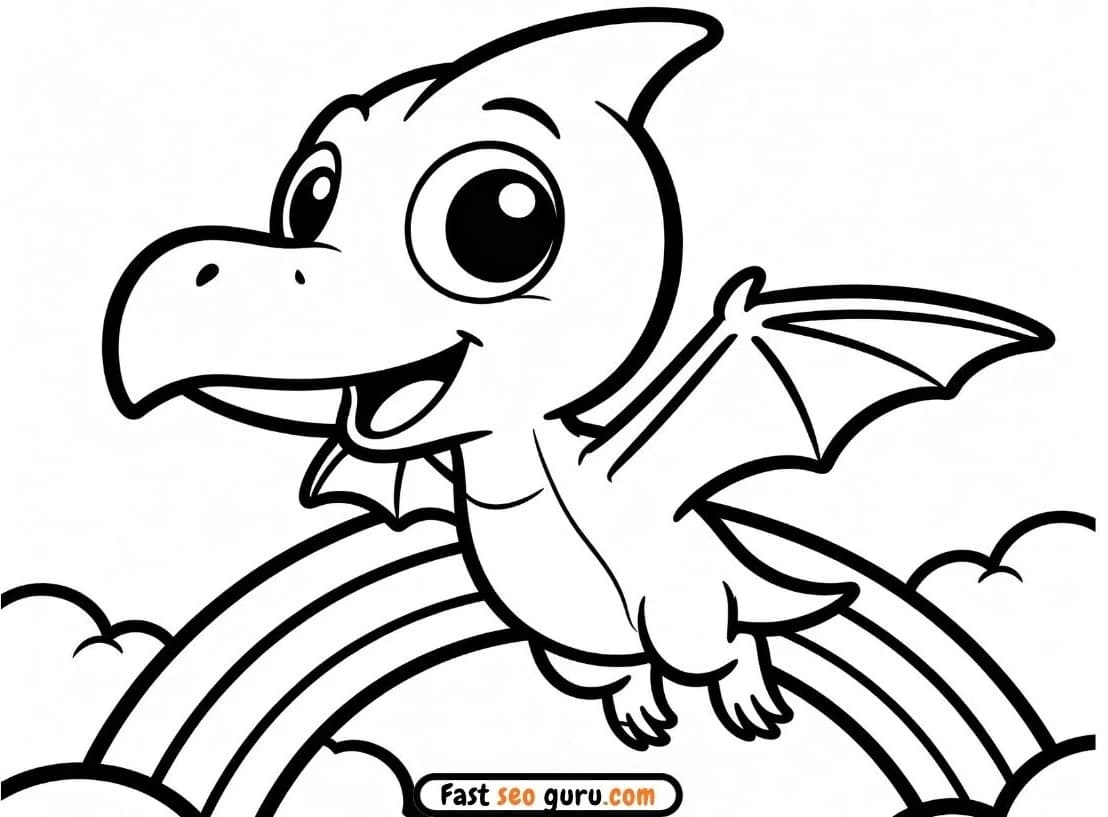 A cute cartoon  kawaii baby pterodactyl flying over a rainbow, coloring page for kids. free printable toddler