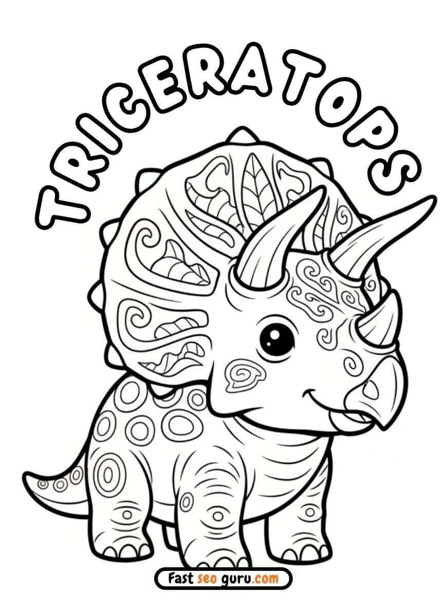 Adorable kawaii cute cartoon Triceratops with decorative patterns to color, featuring the word 'Triceratops' at the top.