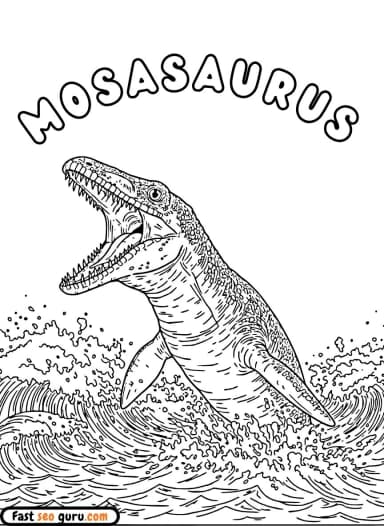 Mosasaurus Jumping from Ocean Waves Coloring Page – Free Printable
