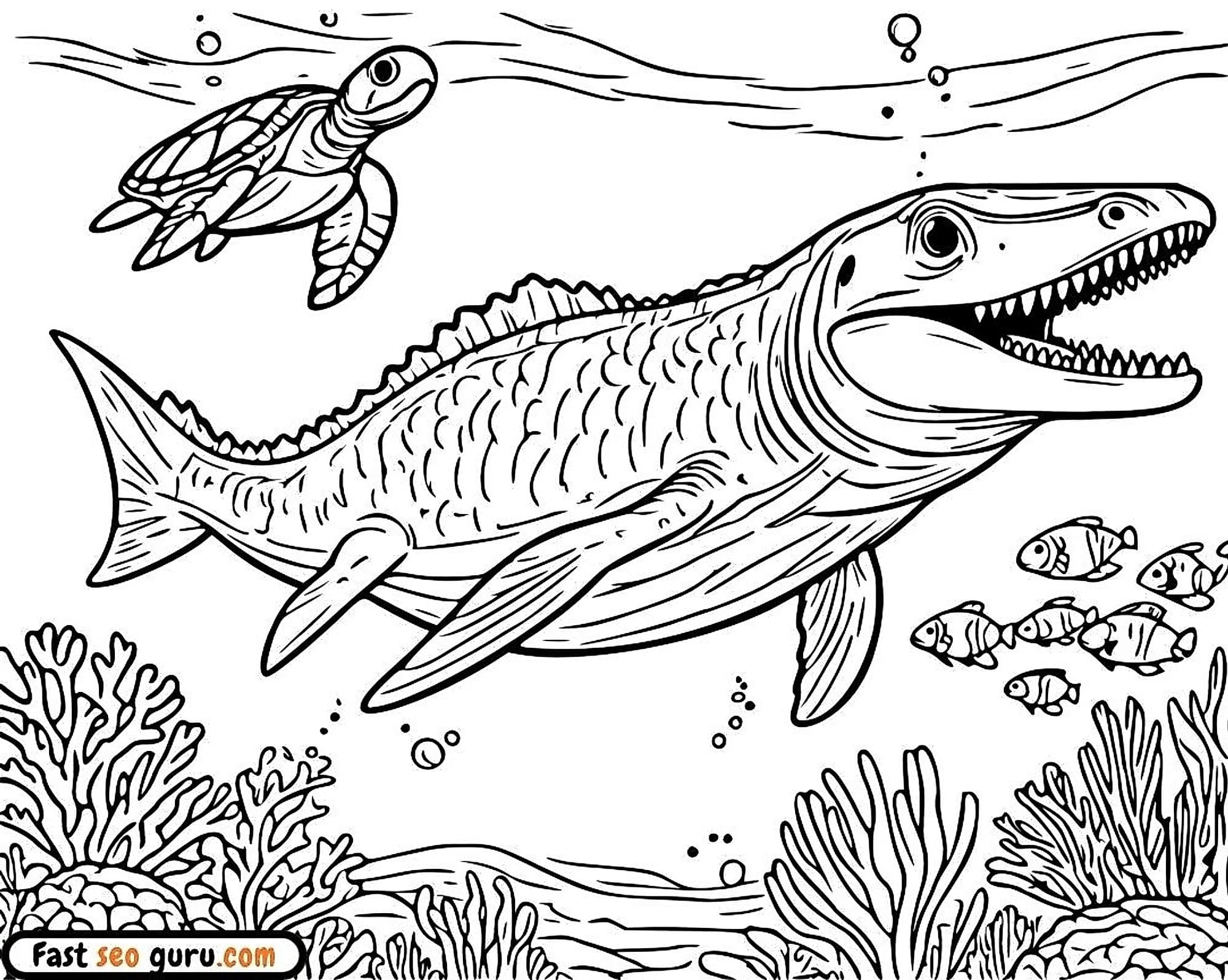 Mosasaurus swimming underwater with a sea turtle small fish and coral in a prehistoric  printable educational coloring page