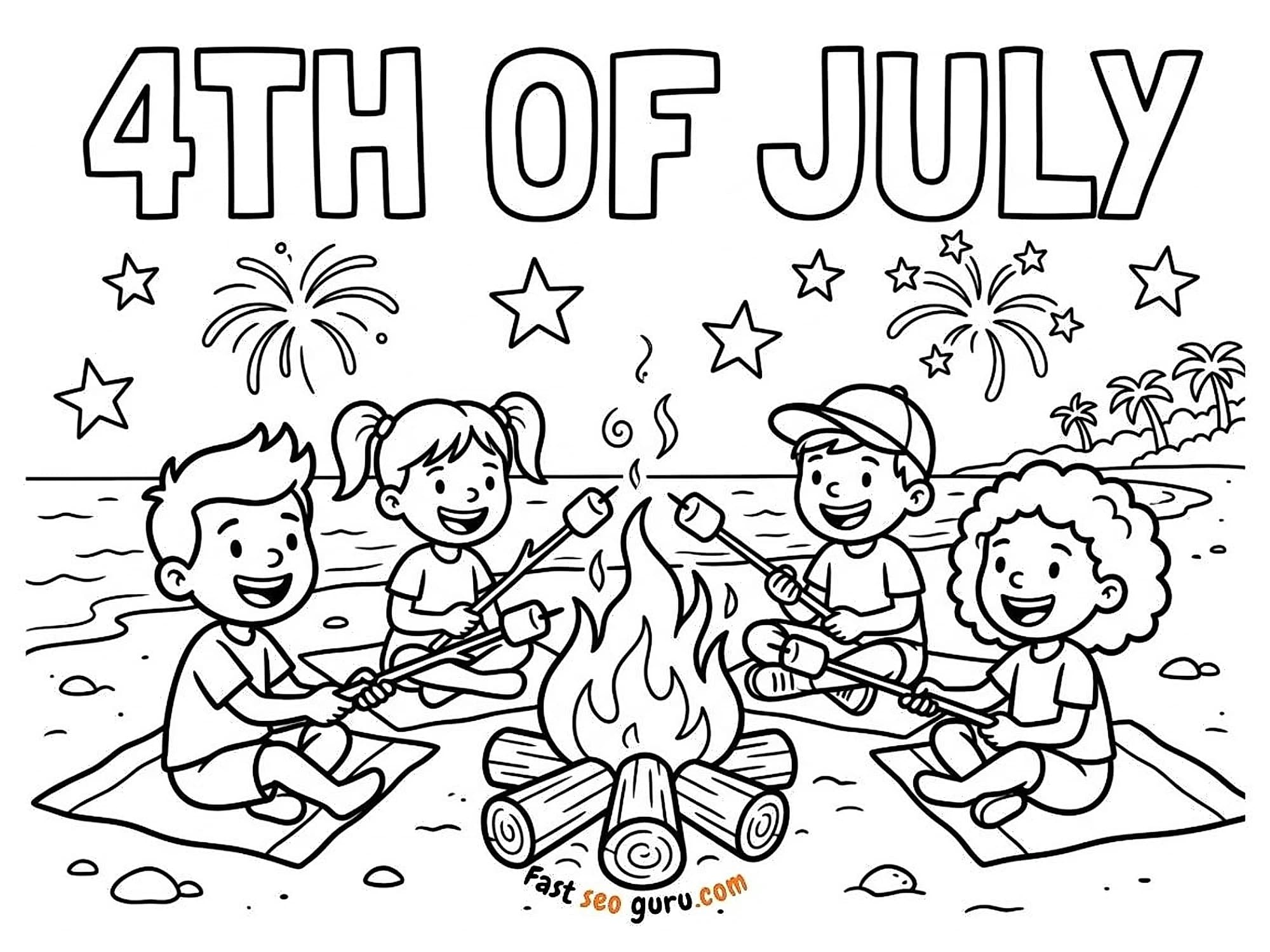 4th of July Beach Campfire Coloring Page