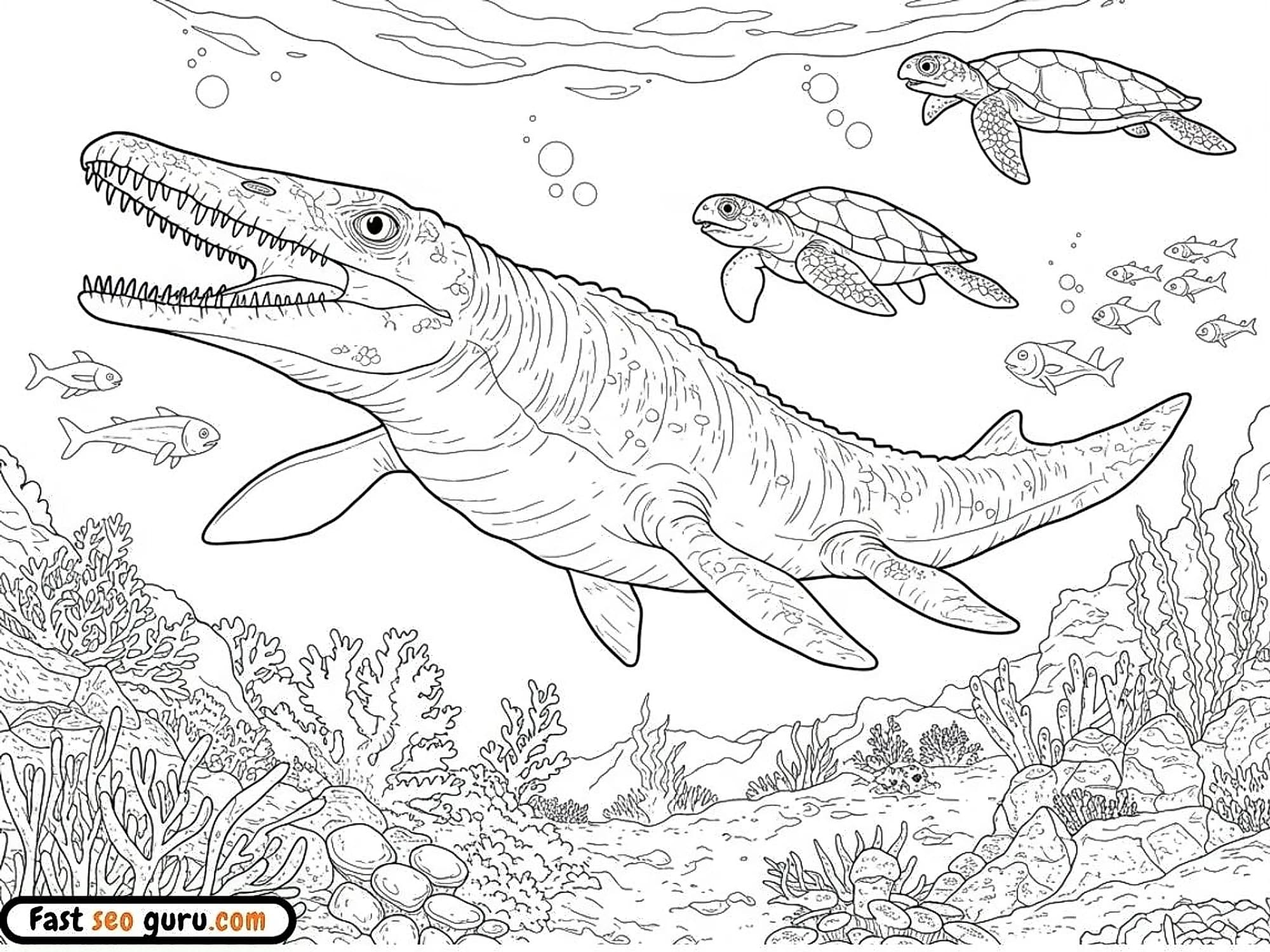 Mosasaurus coloring page sea turtles, tropical fish and coral reef, free printable educational dinosaur activity sheet kids