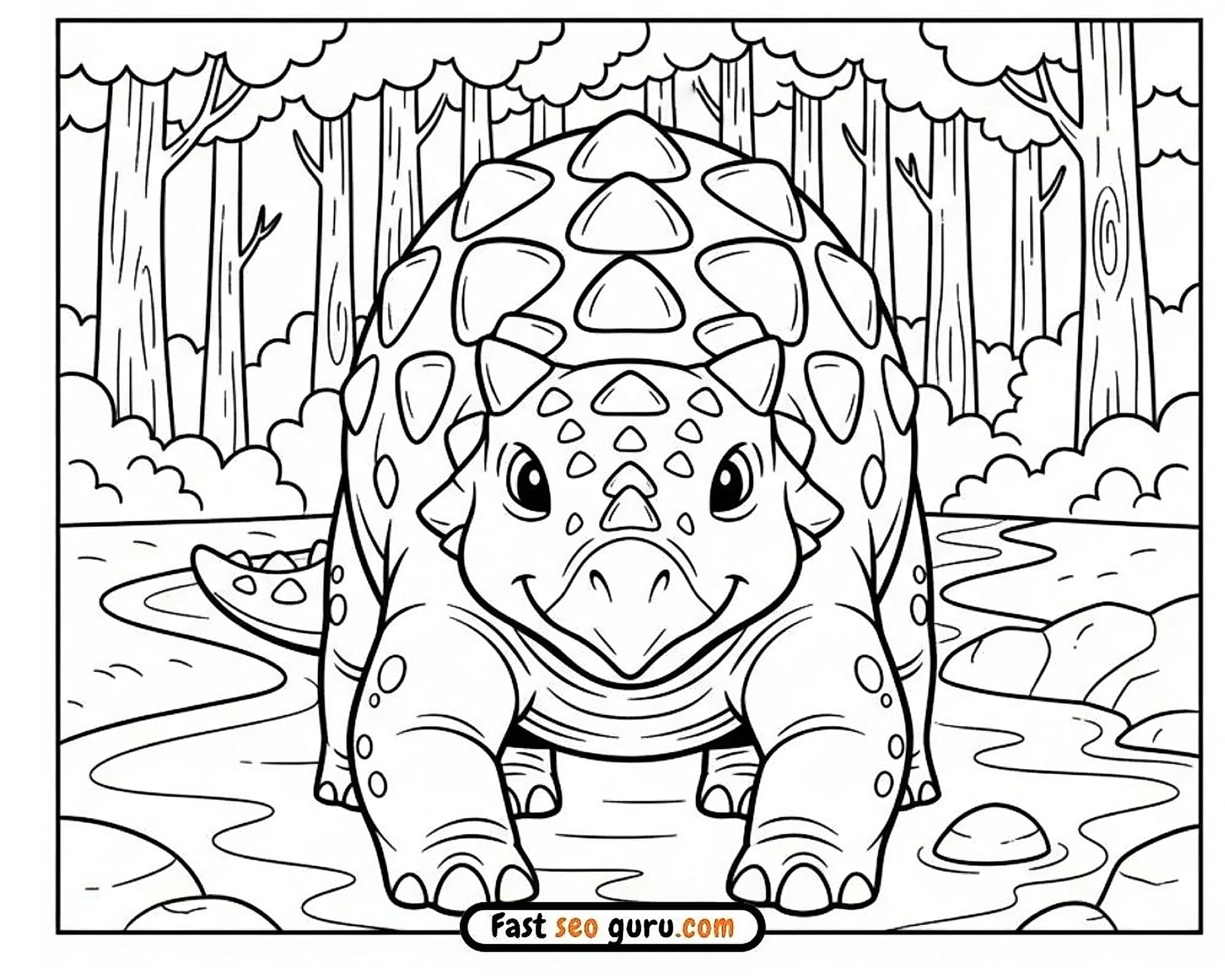 Cute cartoon Ankylosaurus with armored shell a prehistoric free printable educational dinosaur coloring page for kids