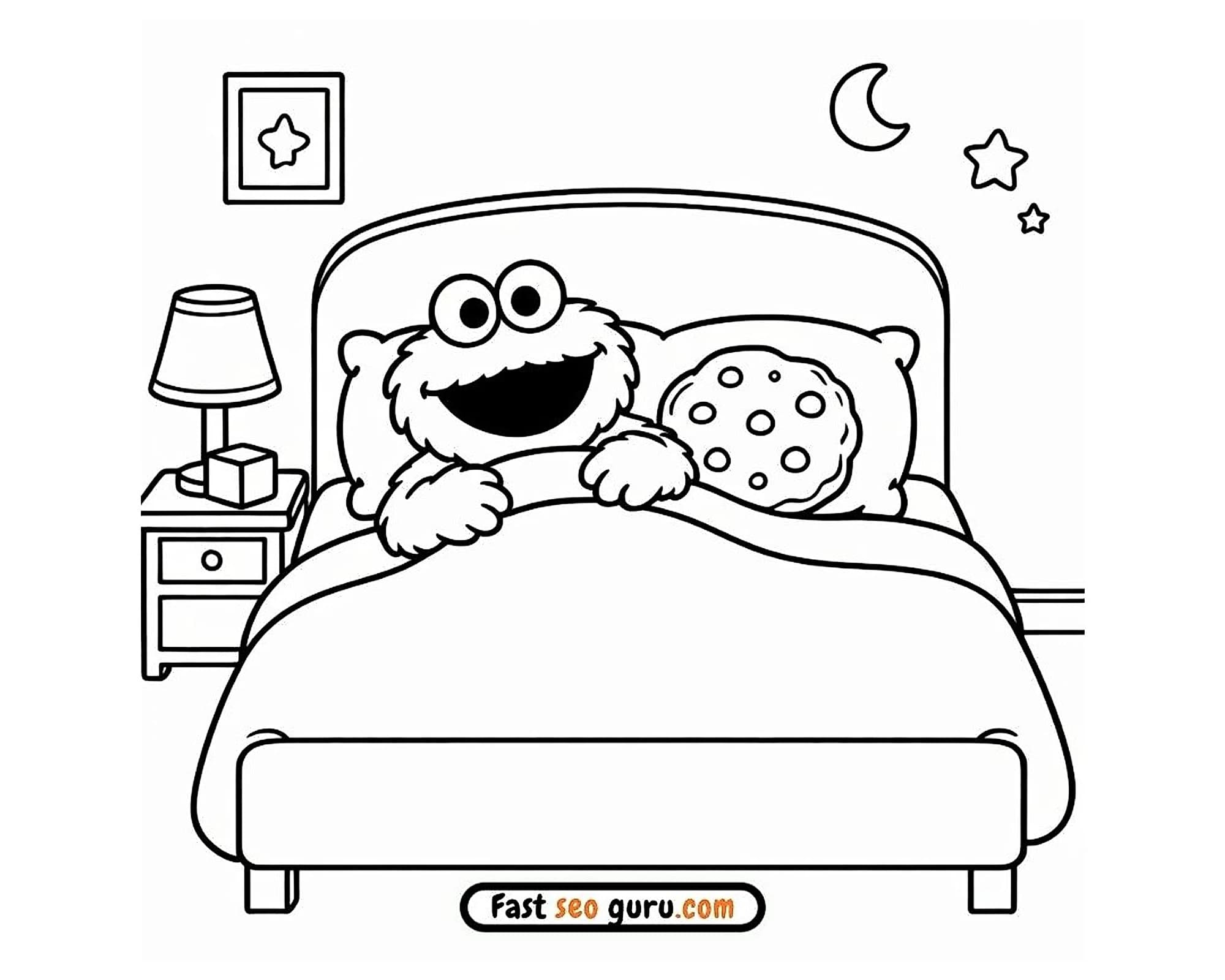 FFluffy blue monster tucked in bed with a chocolate chip cookie moon and stars at night, free easy colouring in page for kids
