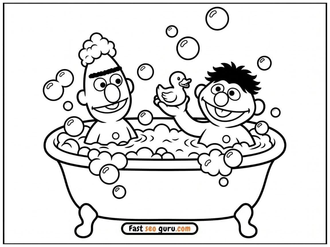 Sesame Street: Bert in a bubble bath with soap suds and floating bubbles, one holding a rubber duck, easy colouring in page