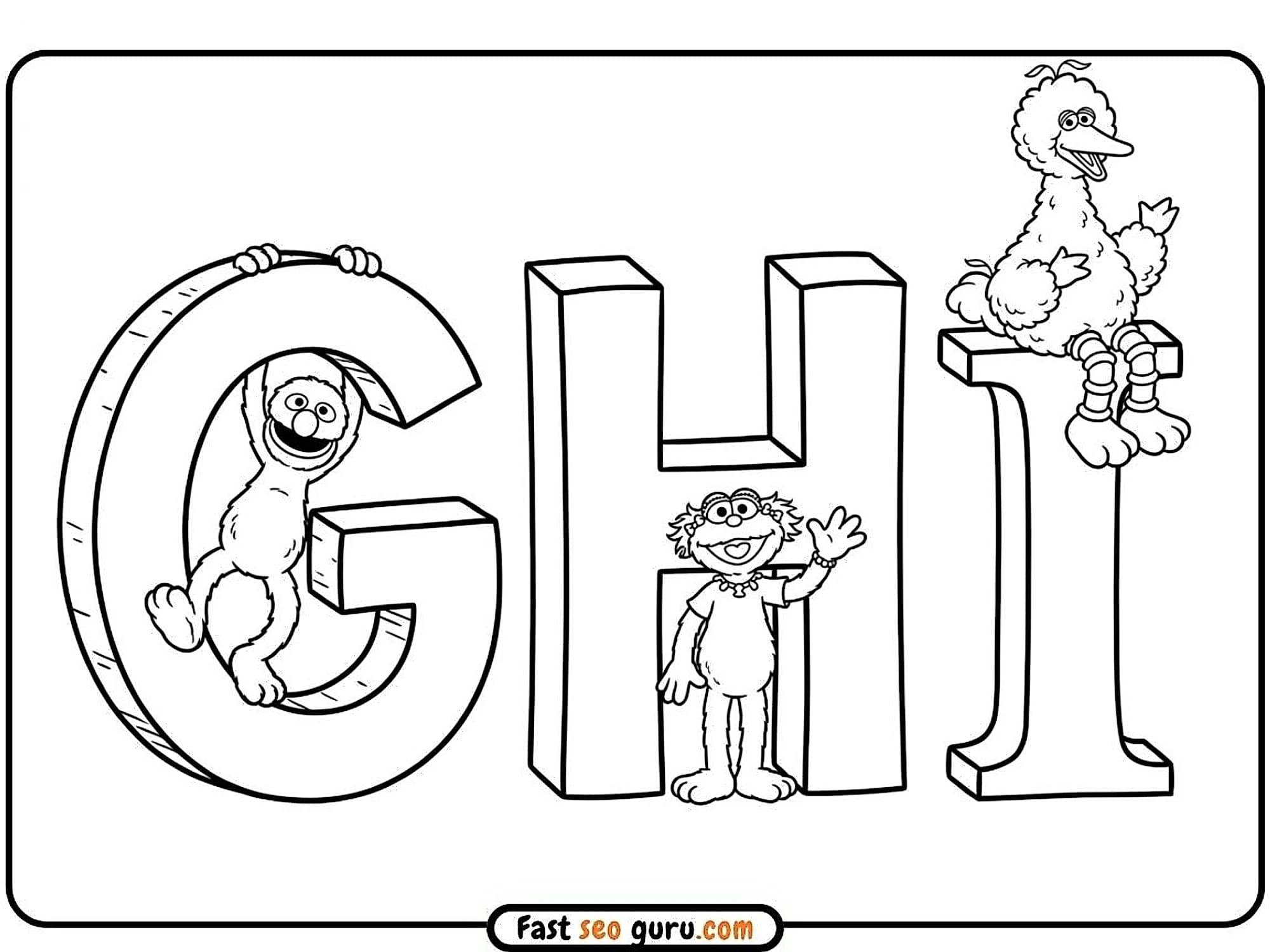 Elmo inside G, Rosita waving inside H, and Big Bird sitting on I template  free printable preschool learning worksheets PDF