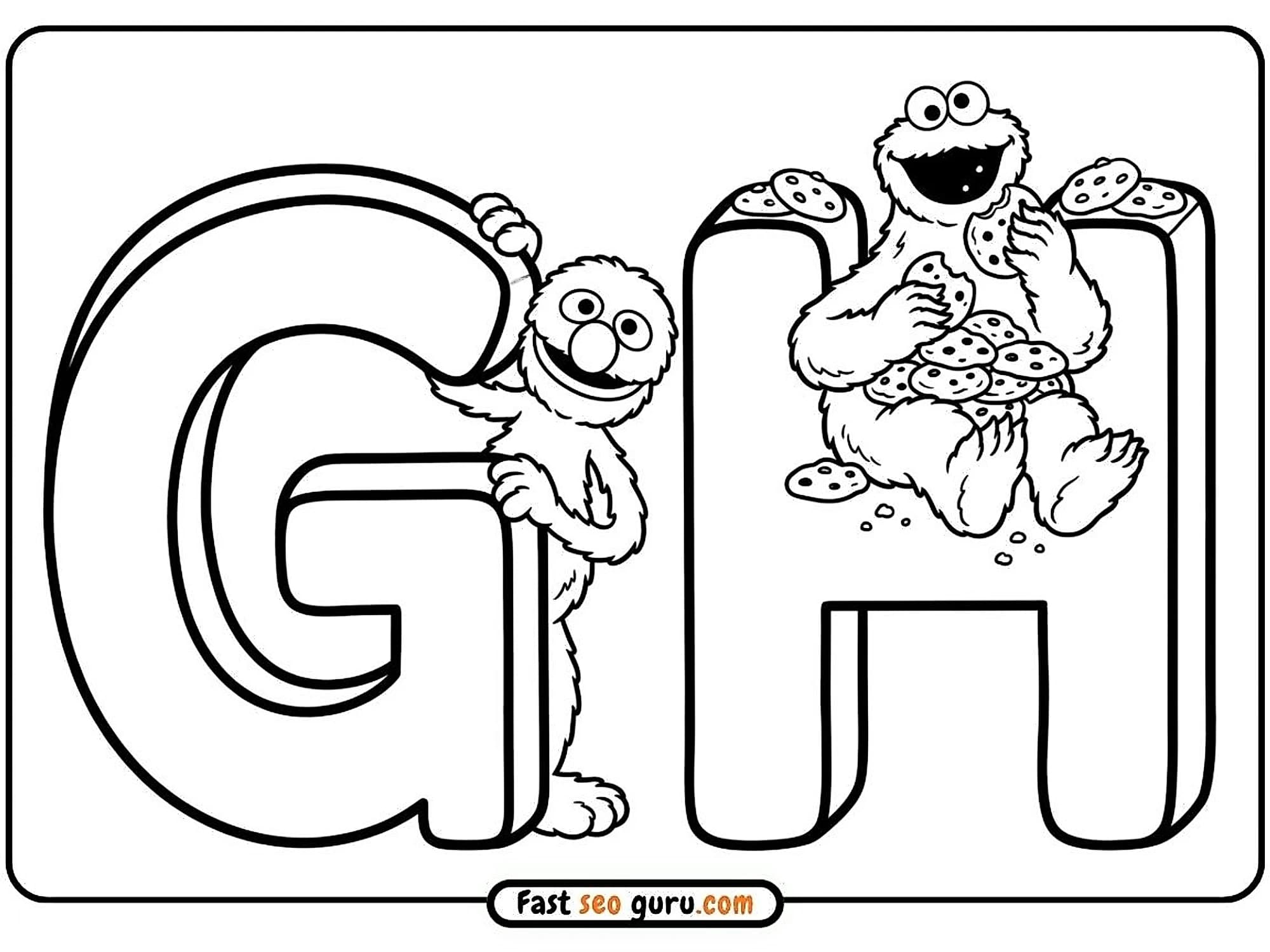 Grover waving behind a giant letter G and Cookie Monster eating biscuits on a giant letter H template learning worksheets PDF
