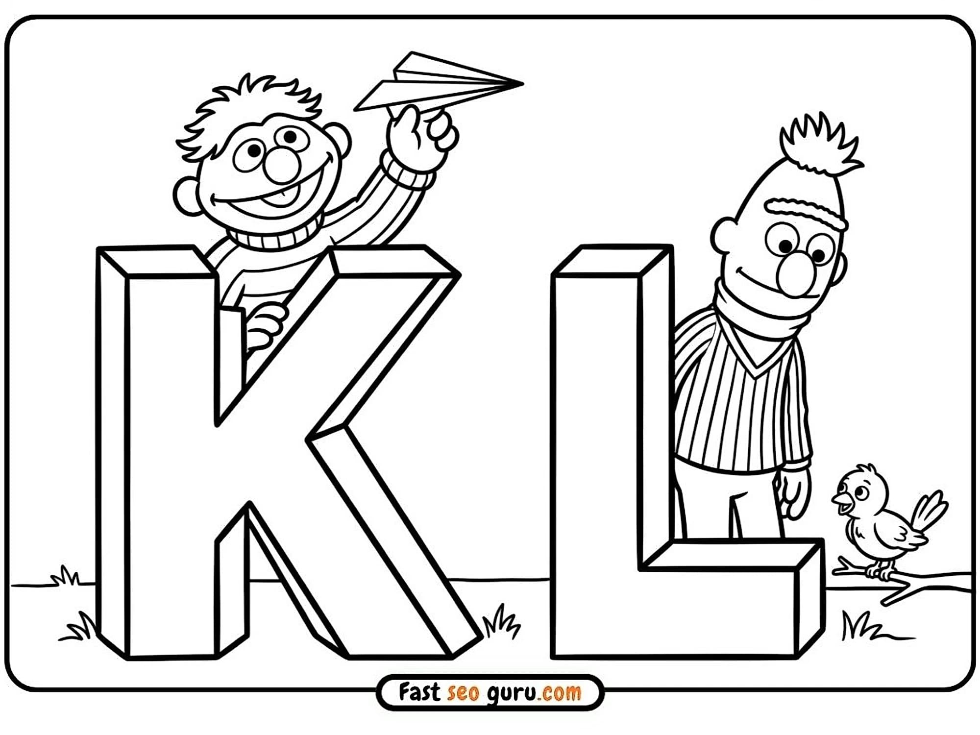 Two cartoon Ernie & Bert playing around bold 3D letters K and L, one throwing a paper airplane and one leaning on L with a small bird perched nearby, free easy educational alphabet colouring in page for kids