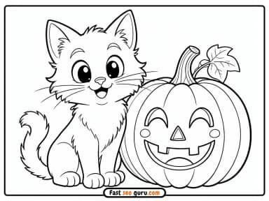 Halloween pumpkins and cat coloring page for toddlers