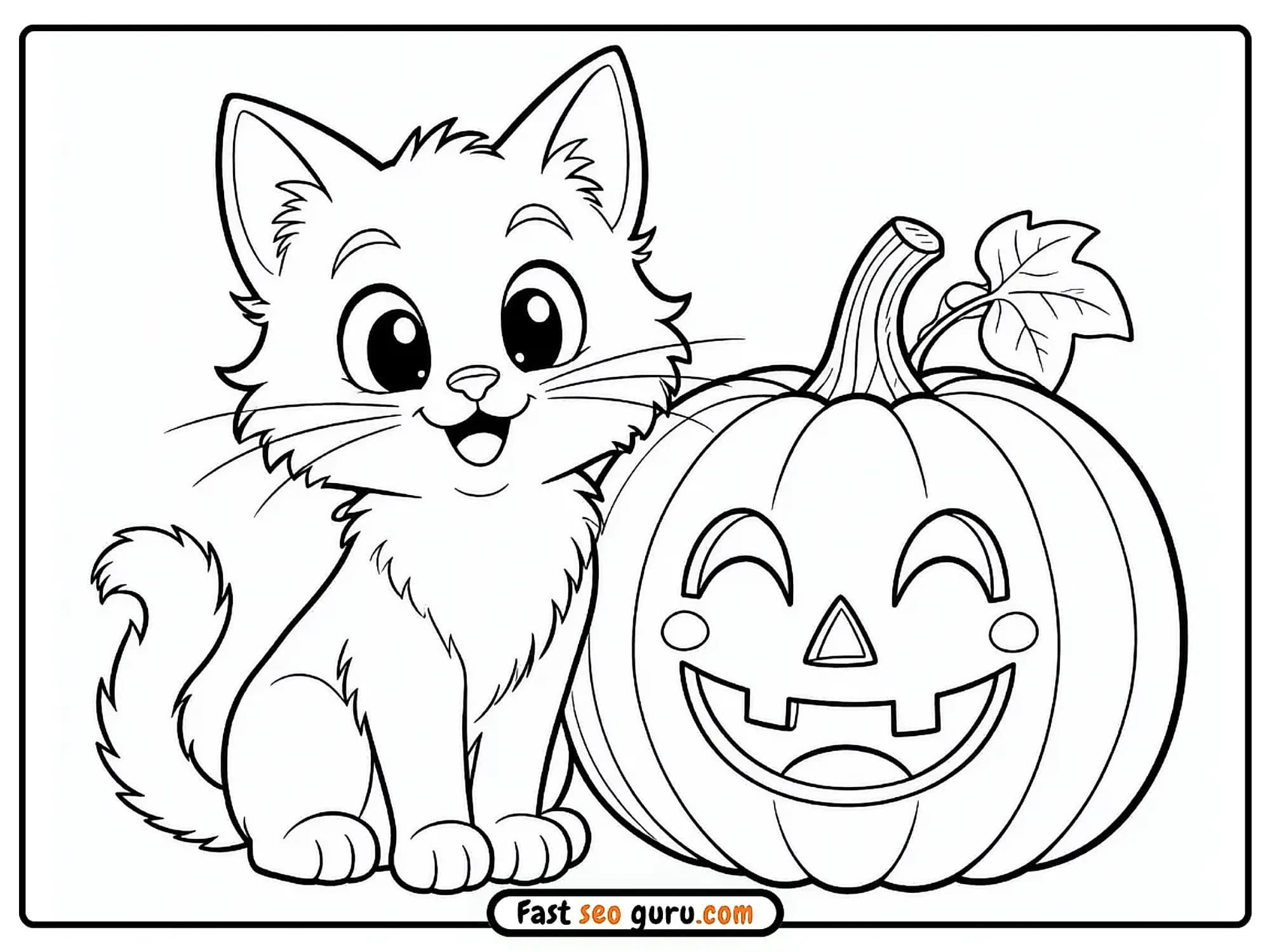 Halloween pumpkins and cat coloring page for toddlers
