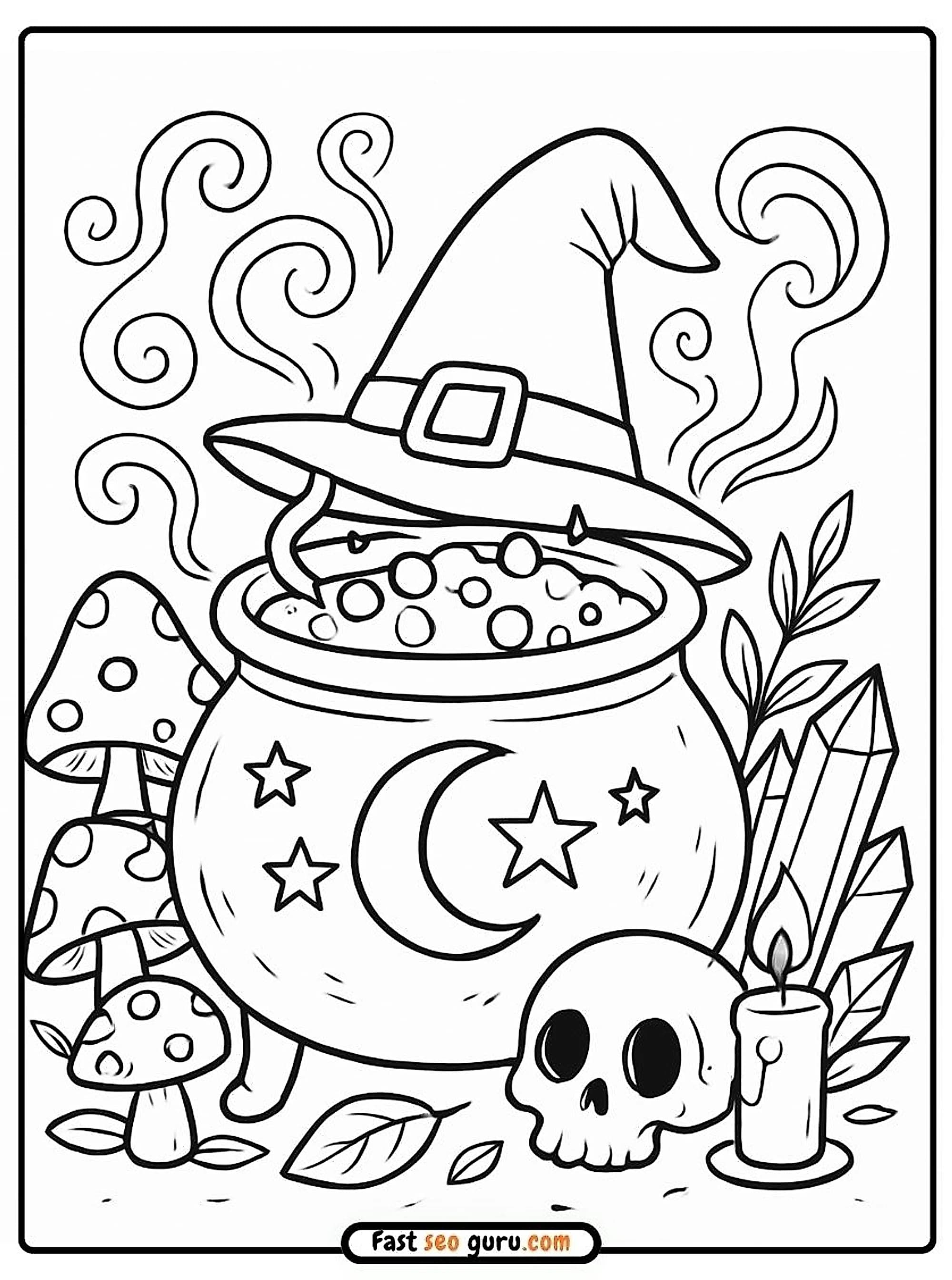 Witch cauldron with a moon symbol and a pointed hat next to a skull and crystal template for free coloring sheets PDF.