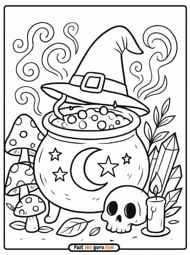 Witch Cauldron: Easy Coloring Page & Pictures to Color PDF