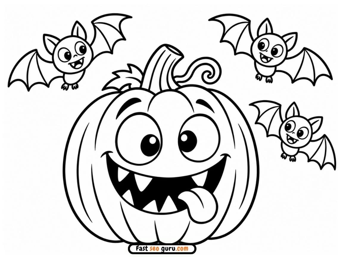 Silly Halloween pumpkin jack o lantern sticking out its tongue with three cute flying bats template for coloring sheets PDF.