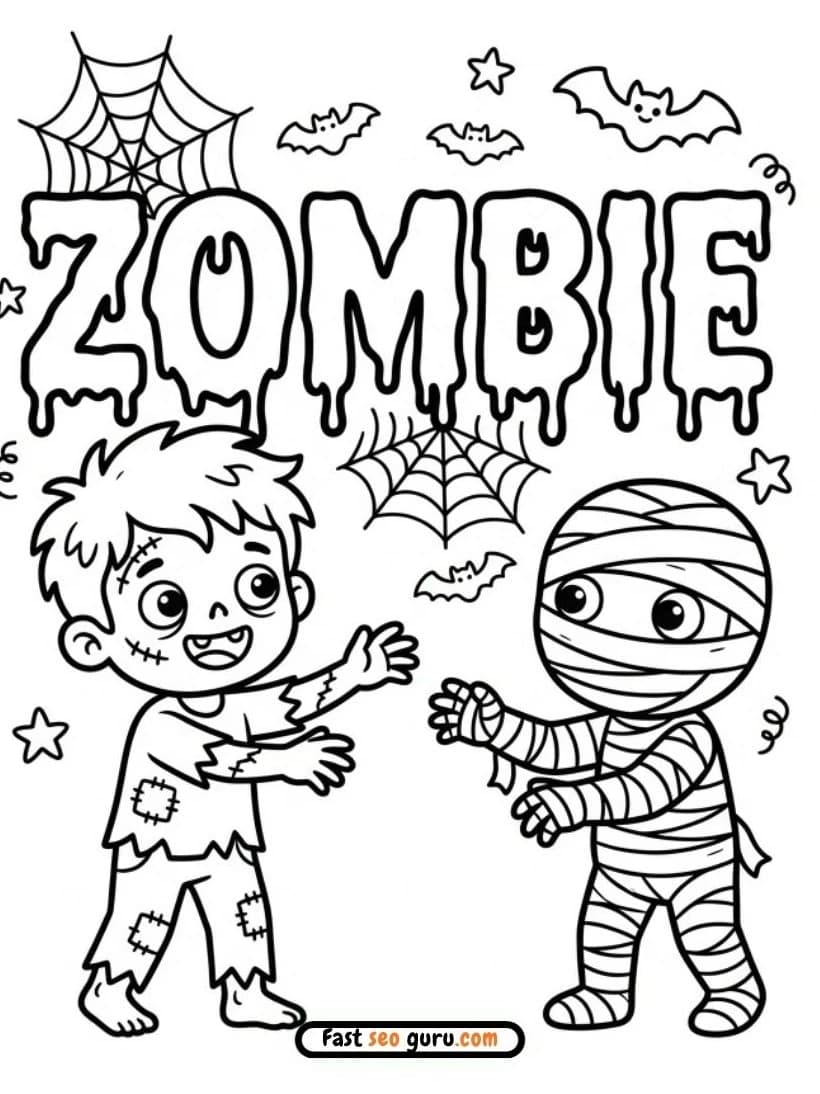 Cute zombie boy and a wrapped mummy next to dripping ZOMBIE text and cobwebs template for free coloring sheets PDF.