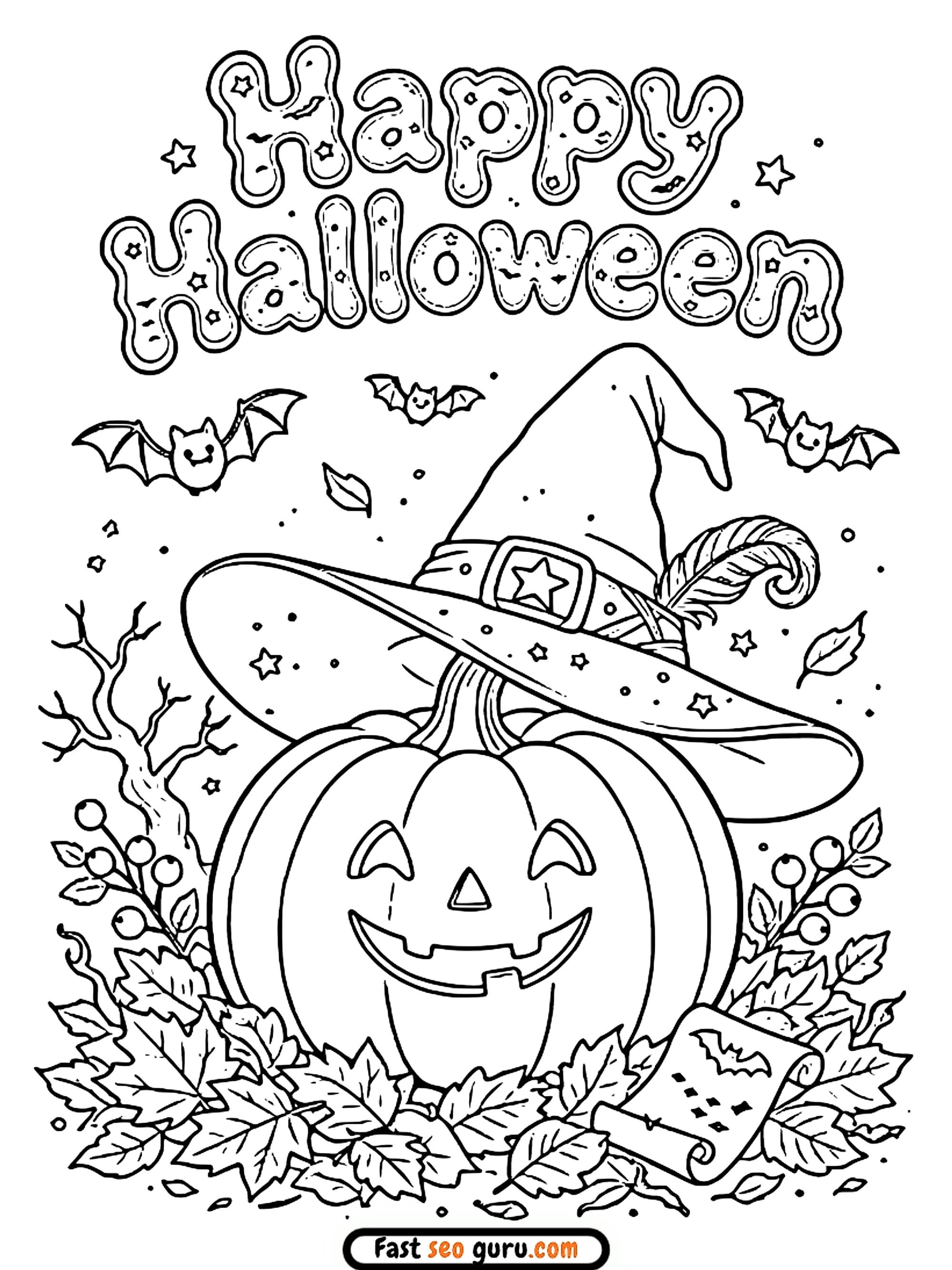Happy Halloween text banner with a carved pumpkin wearing a giant star witch hat template for free coloring sheets PDF.