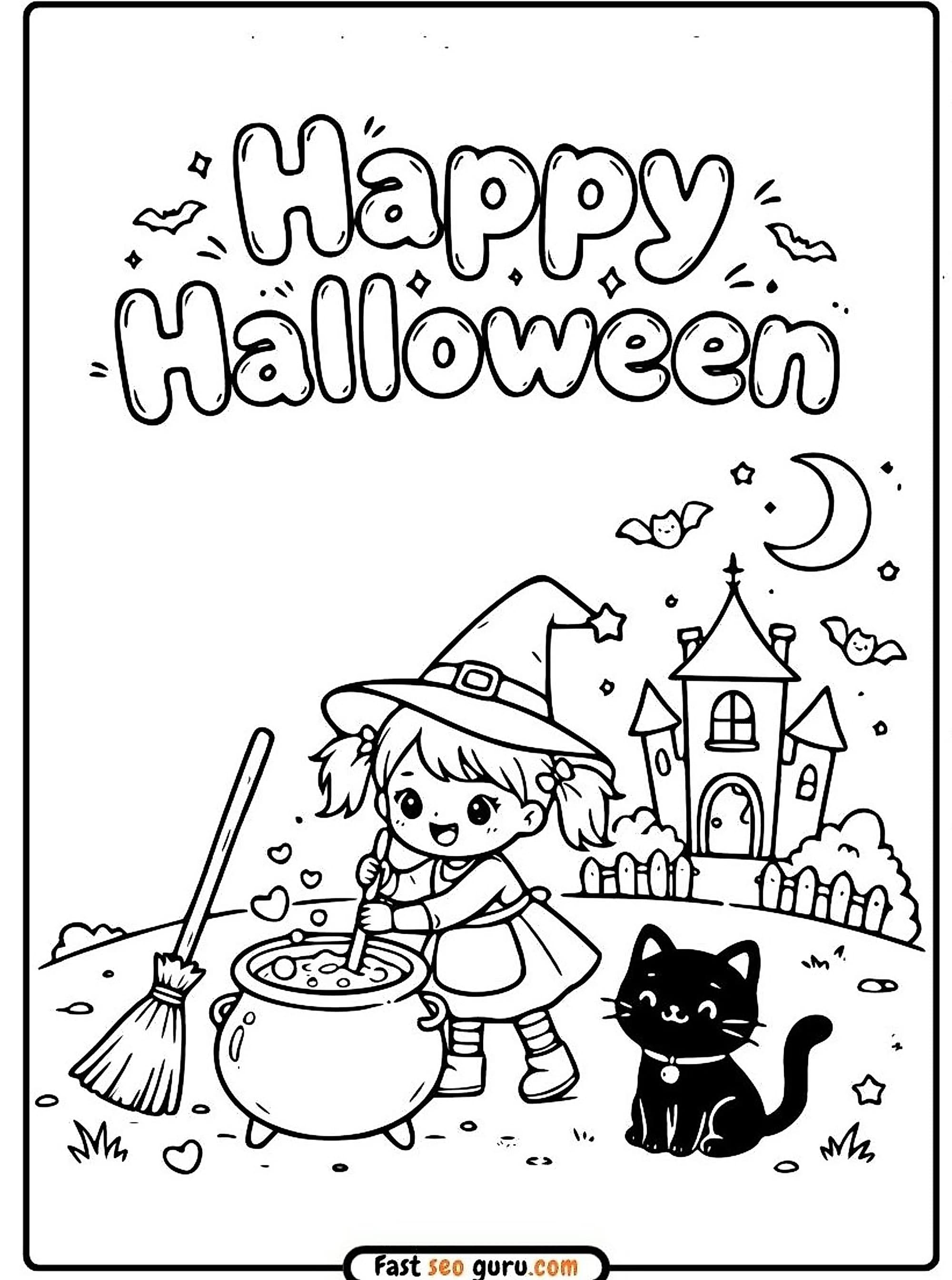 Free Printable Happy Halloween Witch Cauldron Coloring Page