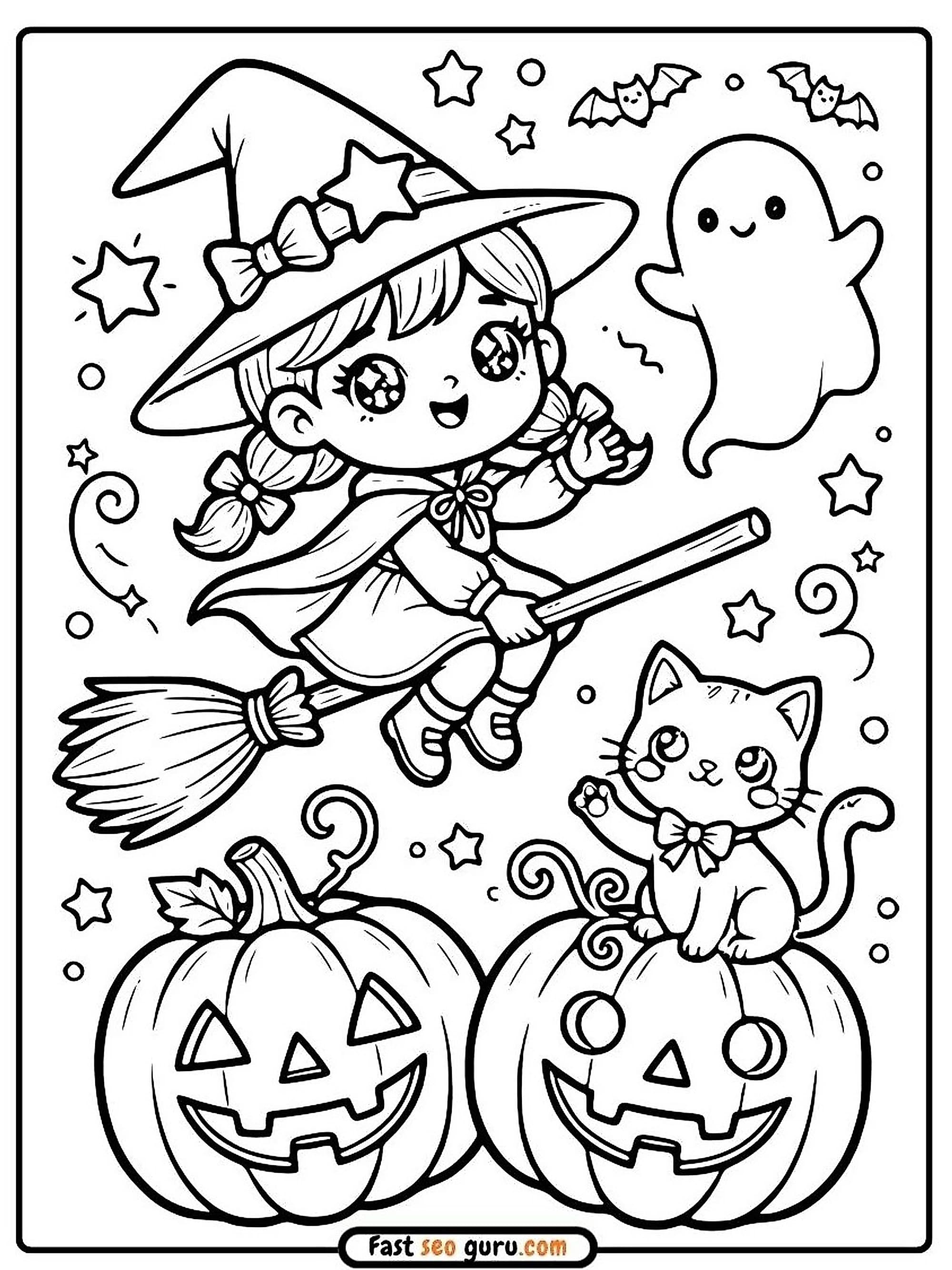 Witch & Cat: Easy Coloring Page & Pictures to Color PDF Now
