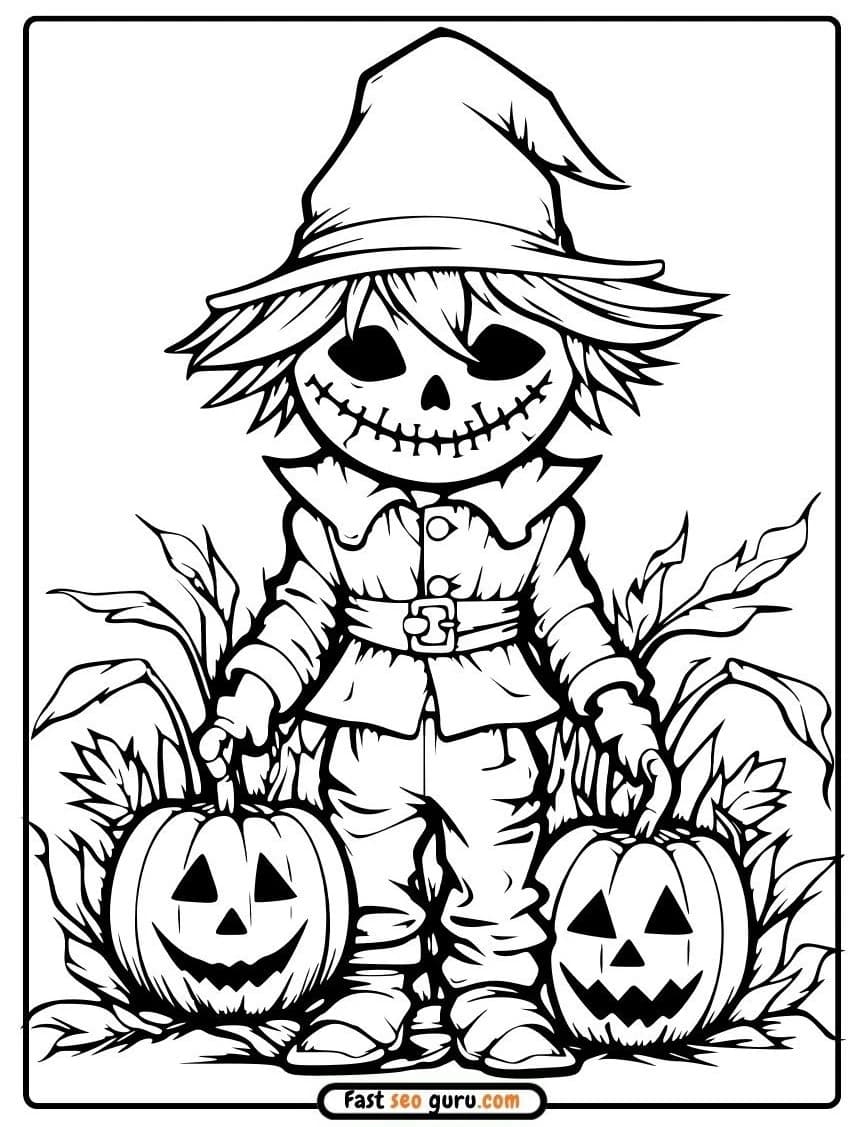 Line art coloring page of a smiling Halloween scarecrow wearing a pointed hat, holding two carved jack-o'-lanterns.