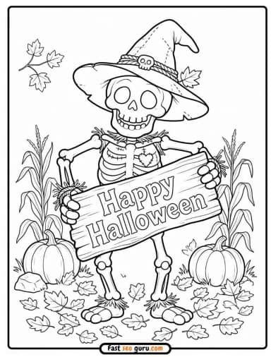 Happy Halloween Skeleton Scarecrow Spooky Coloring Sheets