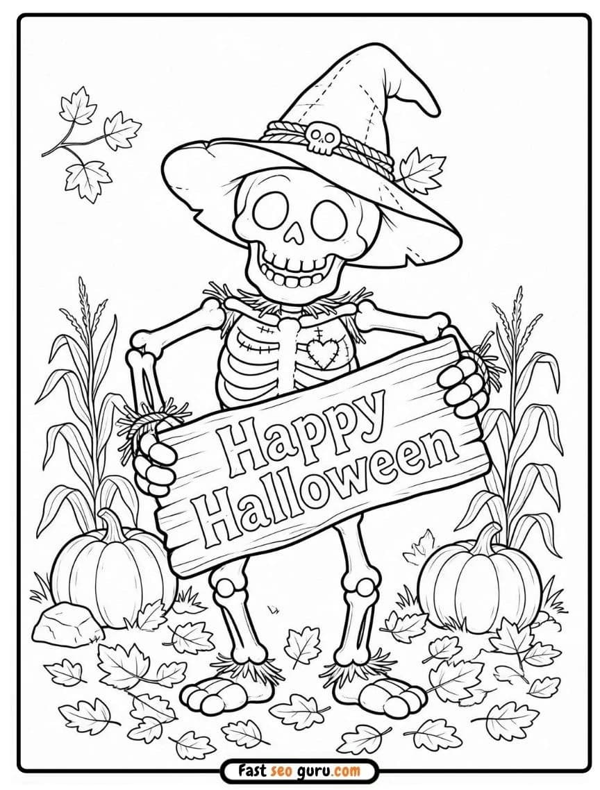 Line art coloring page of a friendly skeleton wearing a witch hat and holding a 'Happy Halloween' pumpkins and autumn leaves.