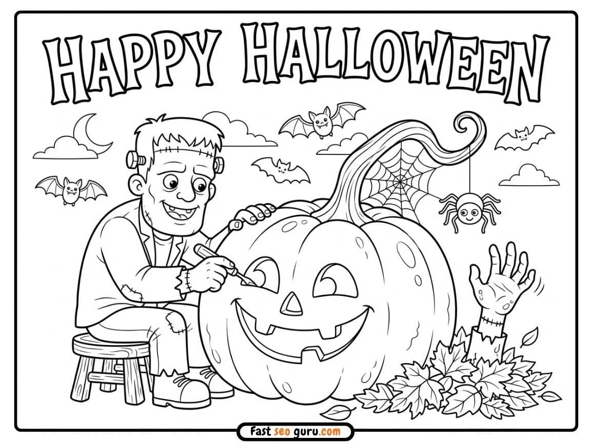 Black and white coloring page of Frankenstein carving a jack-o'-lantern with bats, spider, and zombie hand for Halloween.