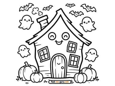 Cute Halloween House Haunted  & ghosts  Coloring Pages