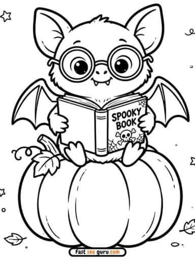 Cute Bat Reading Spooky Book on Pumpkin