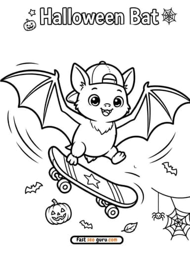 Free Printable Cute Bat Skateboard Halloween Coloring Page For Kids.jpg