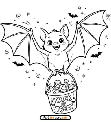 Free Printable Cute Bat Trick Or Treat Candy Halloween Coloring Page For Kids