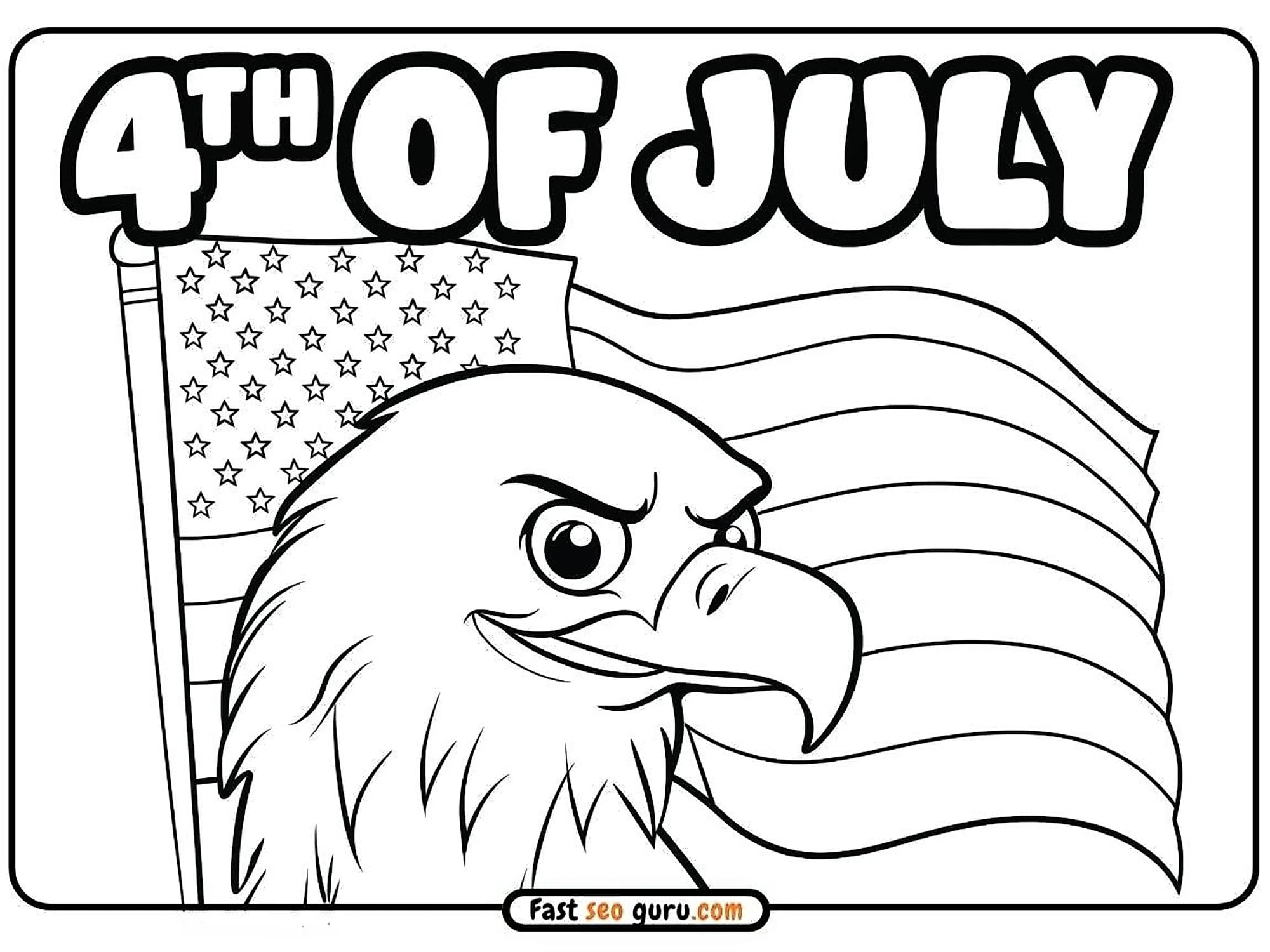 Fierce cartoon bald eagle in front of waving American flag labeled 4th of July free printable patriotic coloring page kids