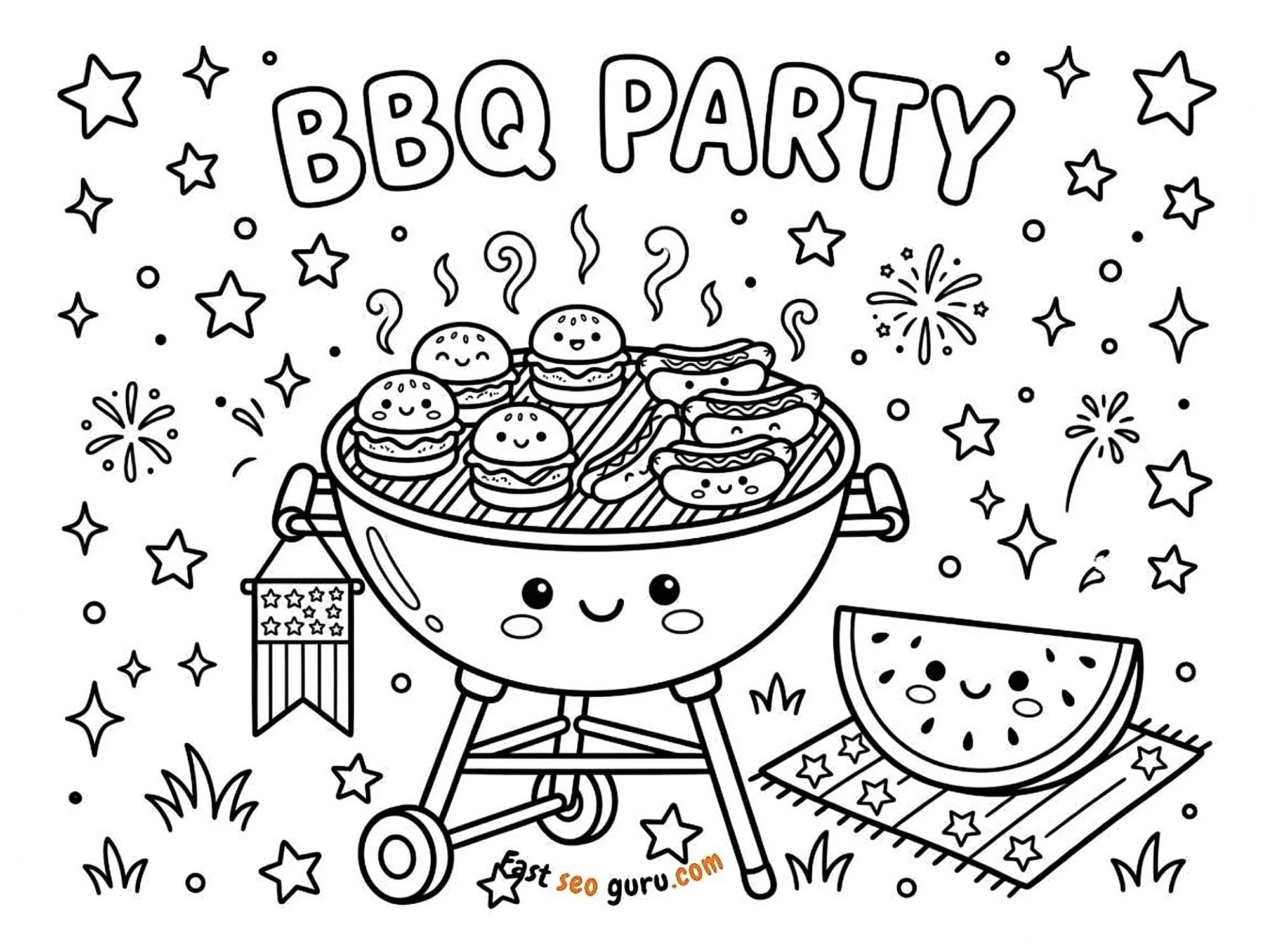 Kawaii BBQ grill loaded with smiley burgers and hot dogs with American flag banner watermelon and fireworks labeled BBQ Party