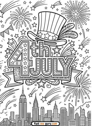 4th of July Fireworks City Coloring Page – Free Printable for Kids and Adults