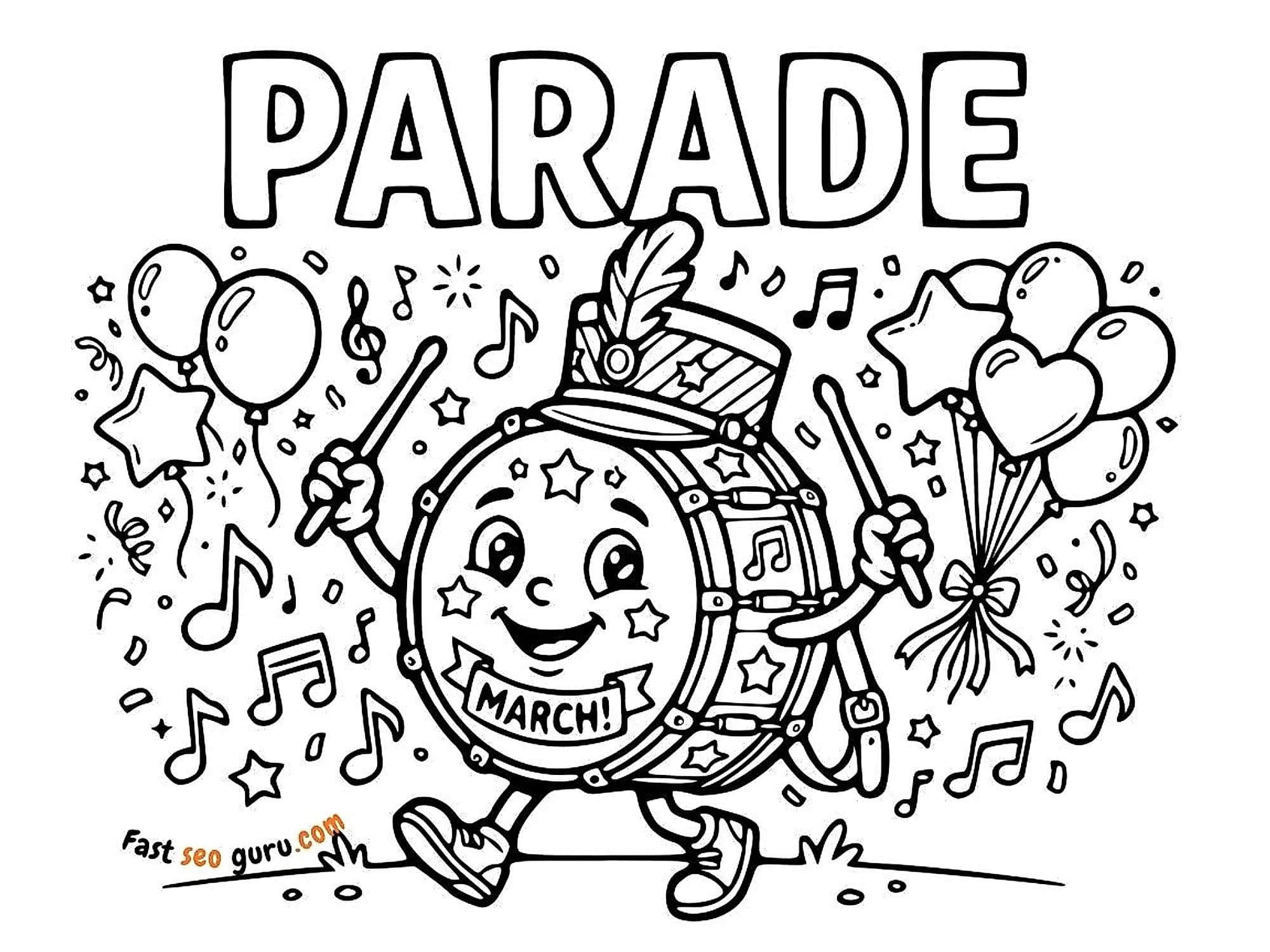 Free printable coloring page 4th of July Parade cartoon Drum March Coloring Page Independence Day coloring page for kids