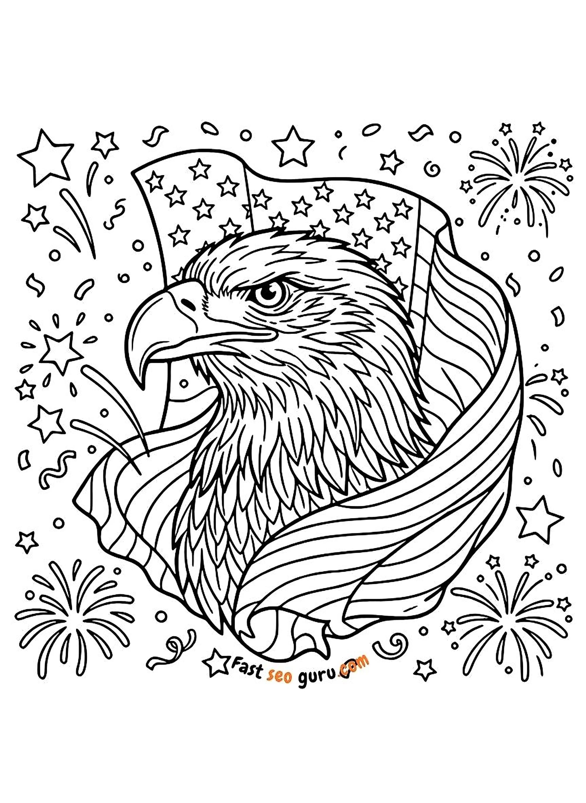 Fierce bald eagle head surrounded American flag fireworks stars and confetti, printable patriotic 4th of July coloring page