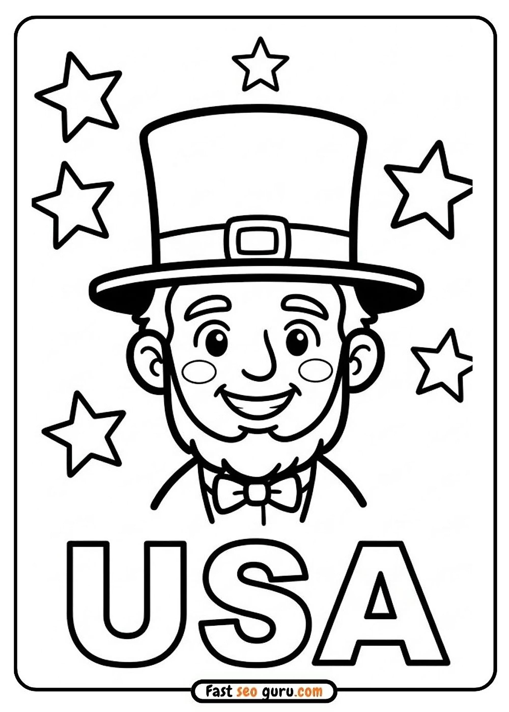 Friendly cartoon Abraham Lincoln portrait wearing iconic top hat with USA lettering  free printable educational coloring page