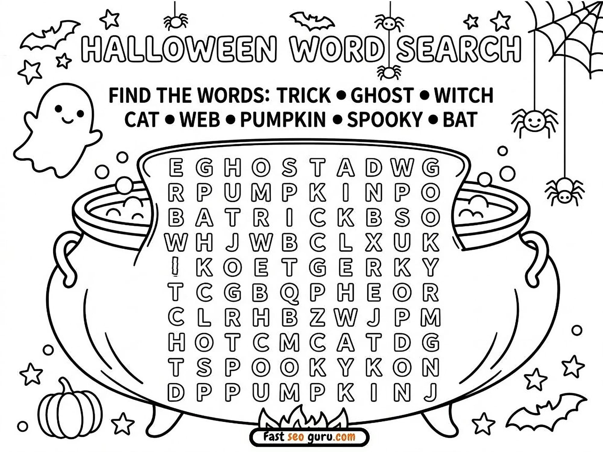 Free printable Halloween word search worksheet in a cauldron with a ghost, spiders, bats, and a pumpkin to color