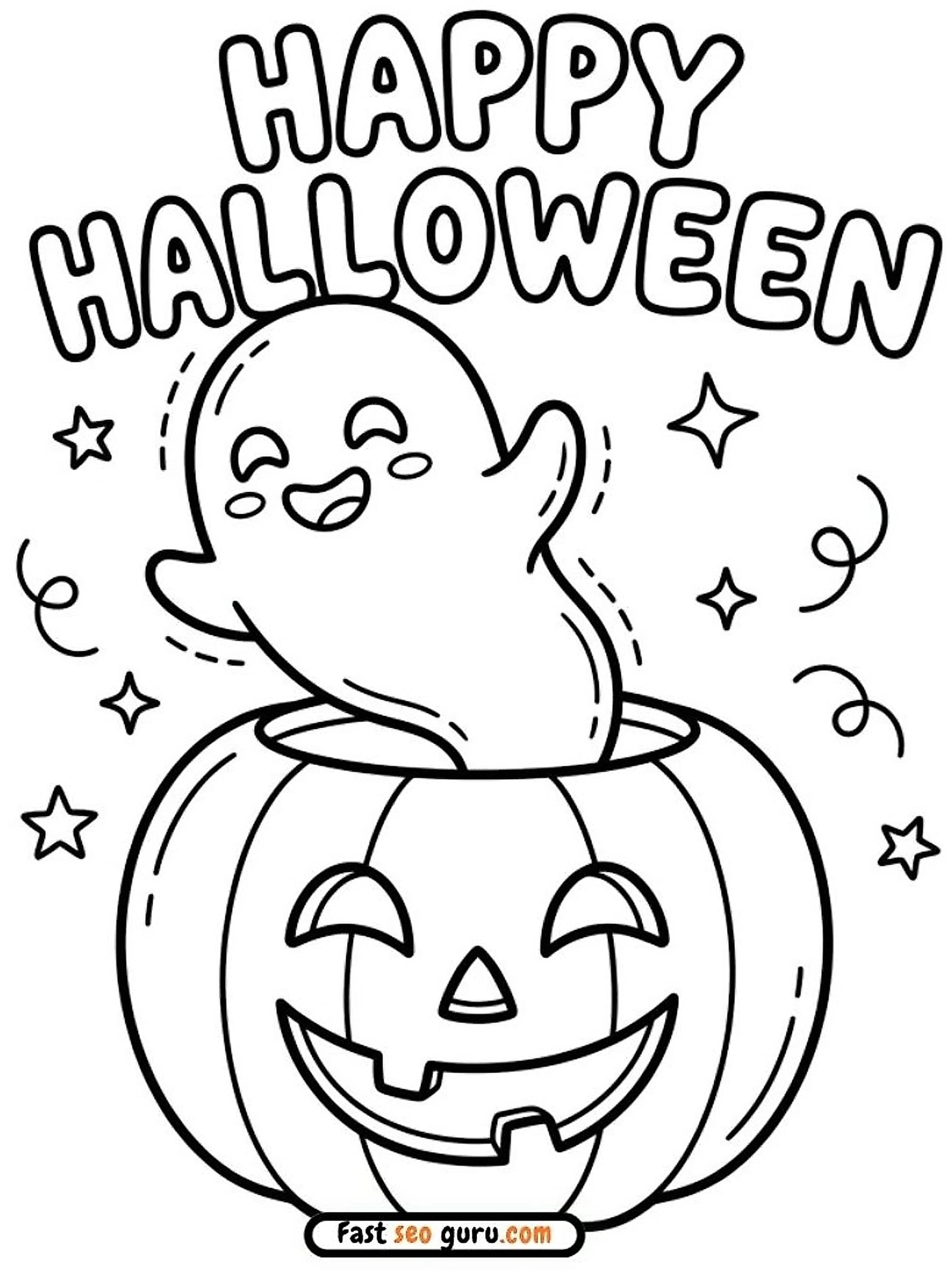 Cute happy ghost popping out from a carved jack o lantern pumpkin with Happy Halloween text banner coloring sheets PDF.