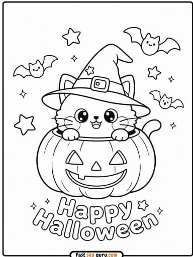 Cute Halloween Cat: Easy Coloring Page & Pictures to Color PDF Now