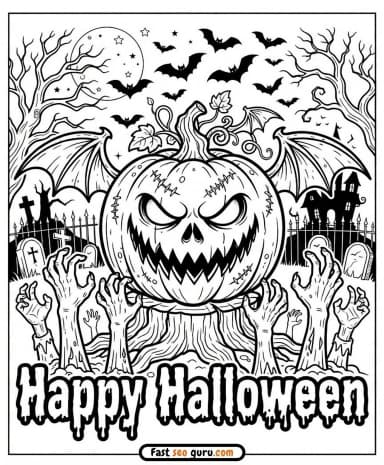 Free Printable Scary Pumpkin Halloween Coloring Page