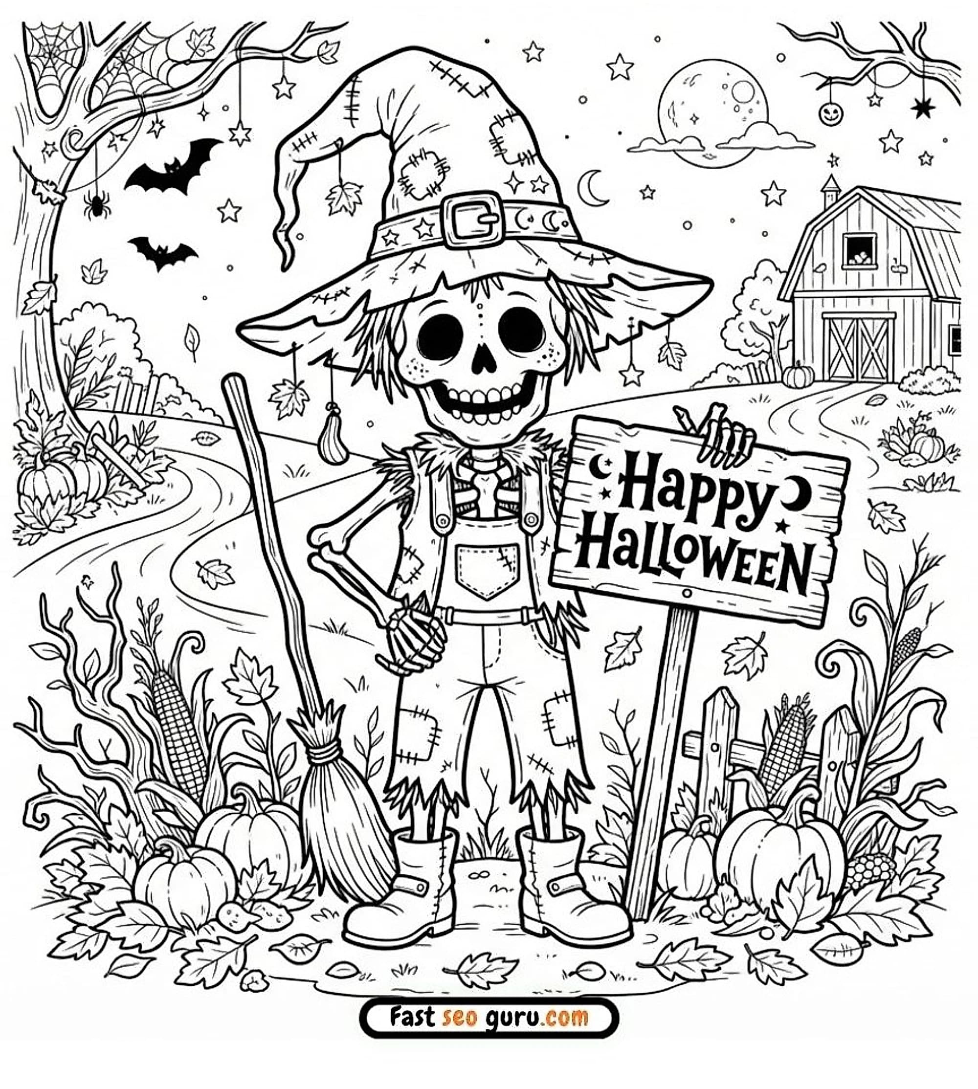 Free printable Halloween coloring page with a skeleton scarecrow, Happy Halloween sign, pumpkins, corn, barn, and bats