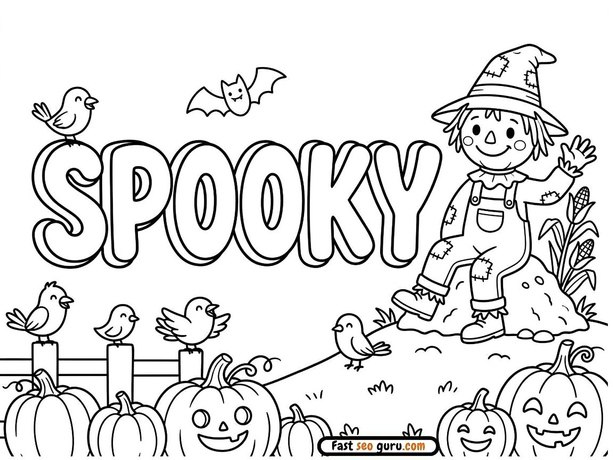 Free printable Spooky Halloween coloring page with a friendly scarecrow, birds, jack-o’-lanterns, pumpkins, and a bat