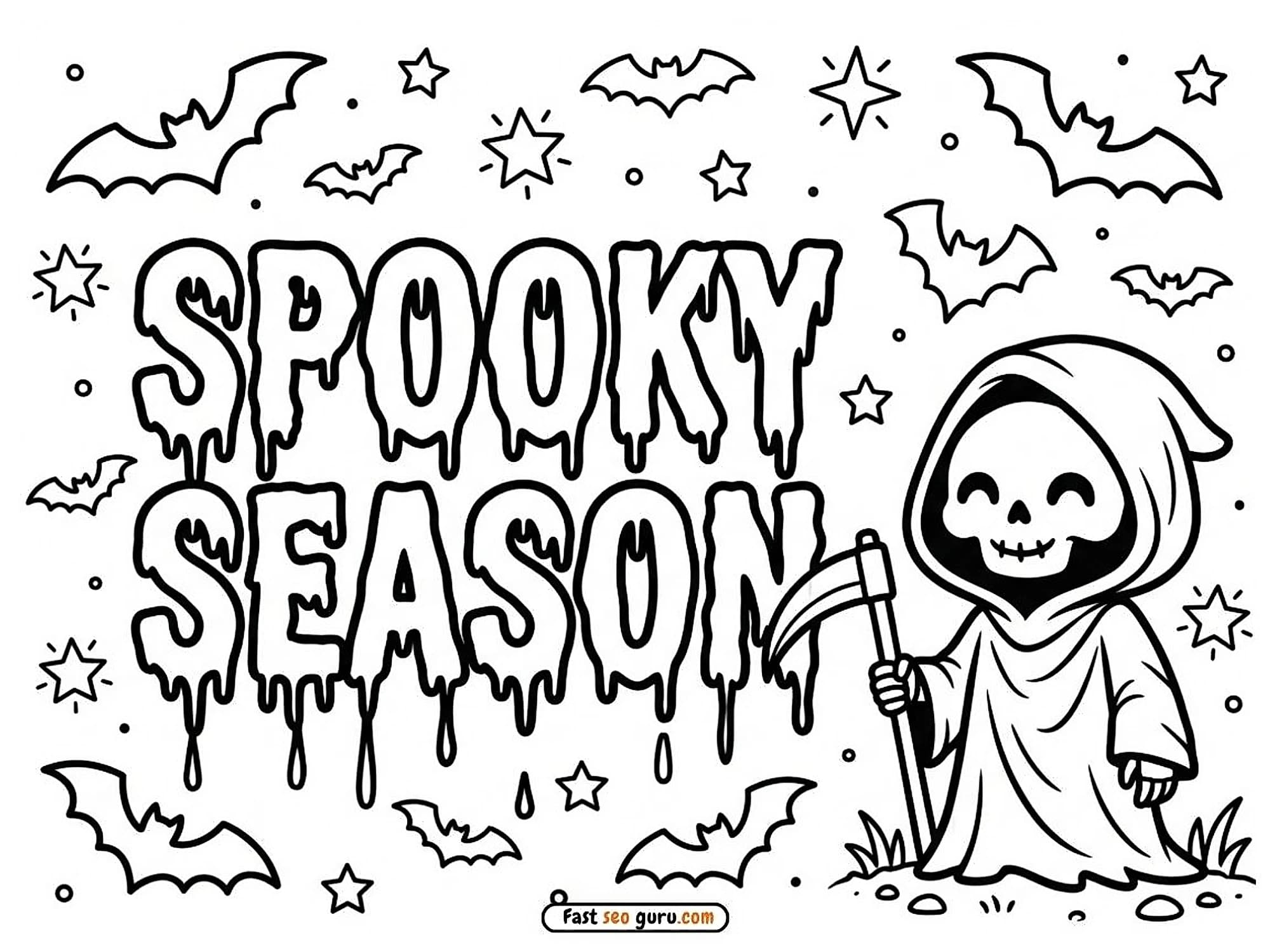 Free printable Spooky Season coloring page with a cute skeleton in a hooded robe holding a scythe and flying bats