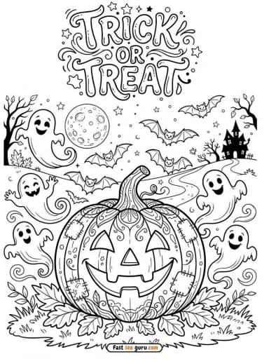 Free Printable Trick or Treat Mandala Pumpkin Ghost Coloring Page