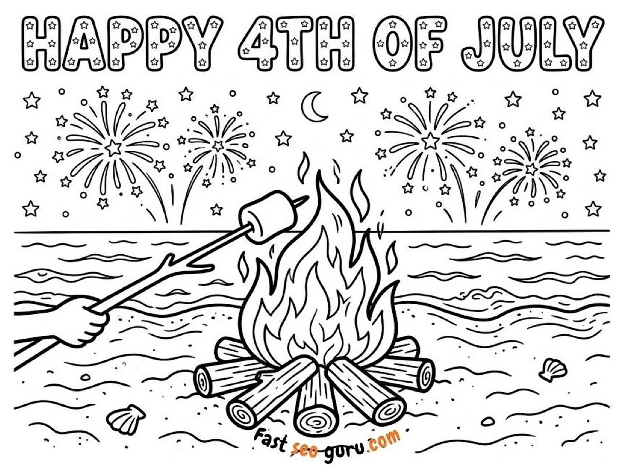 Beach campfire with marshmallow roasting starry sky with fireworks and crescent moon labeled Happy 4th of July coloring page,