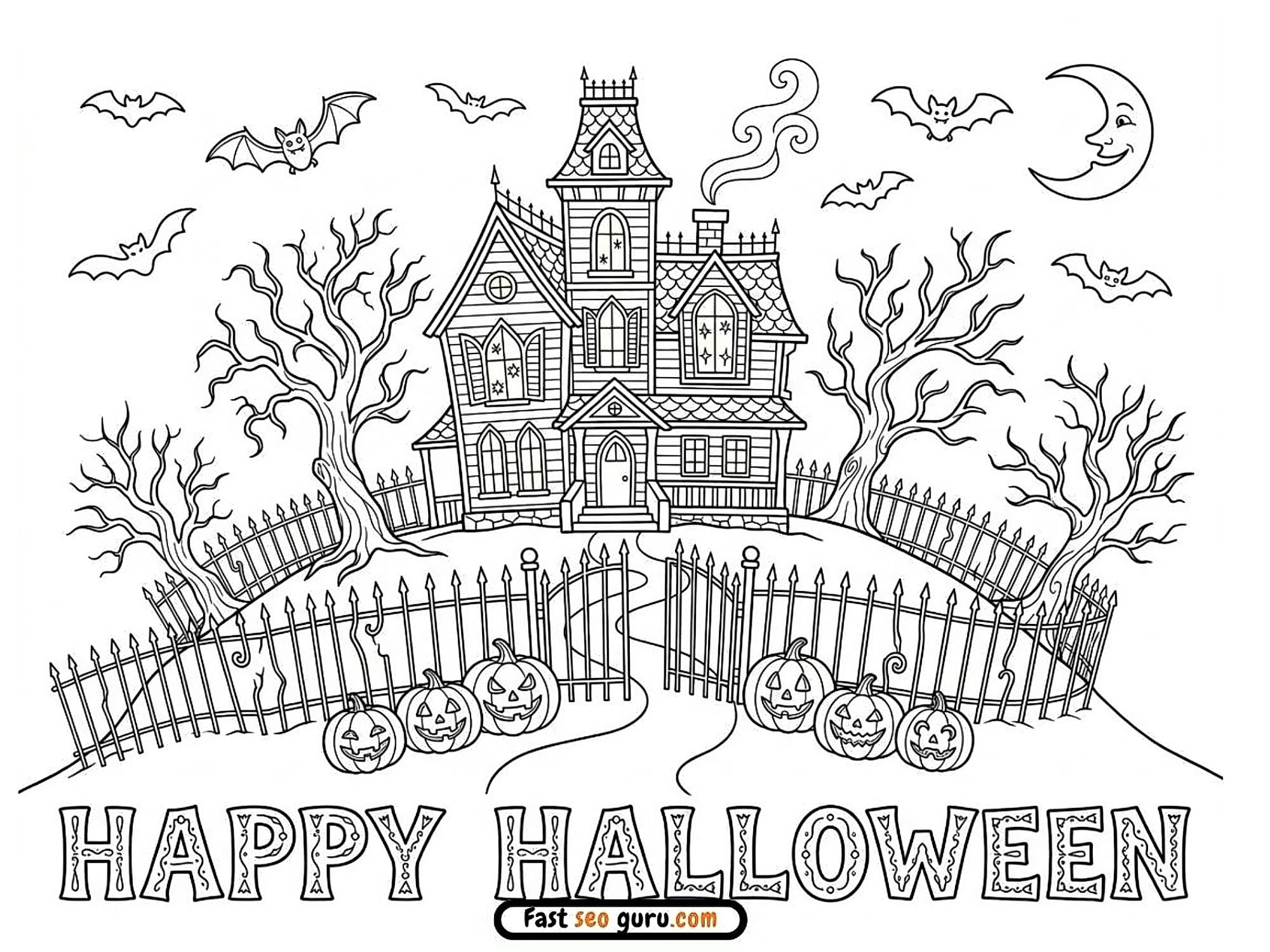 Free printable Happy Halloween coloring page  haunted house trees, iron fence, jack-o'-lanterns, bats, crescent moon