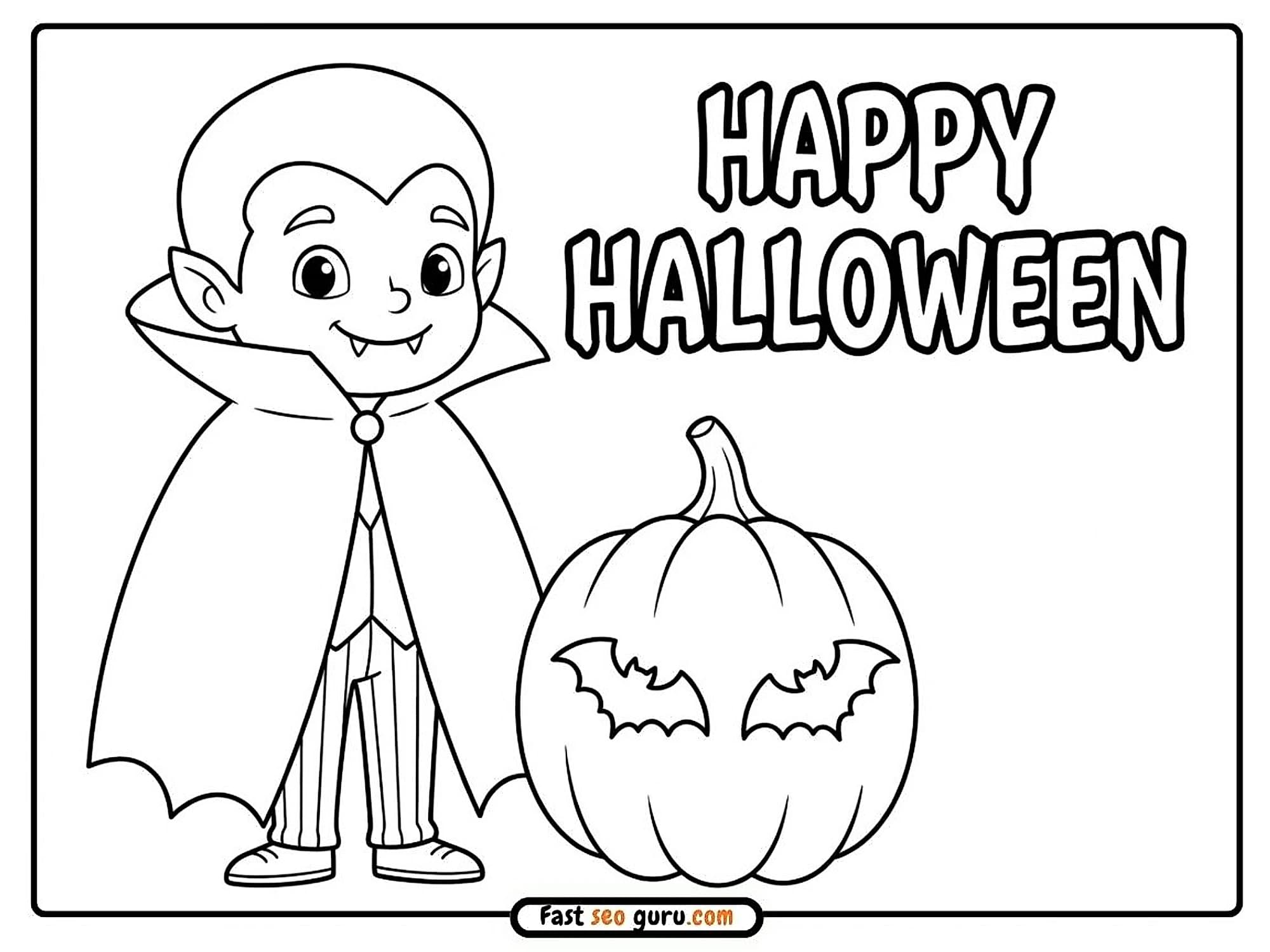printable Happy Halloween coloring page featuring a cute vampire boy in a cape with fangs standing next to a jack-o'-lantern