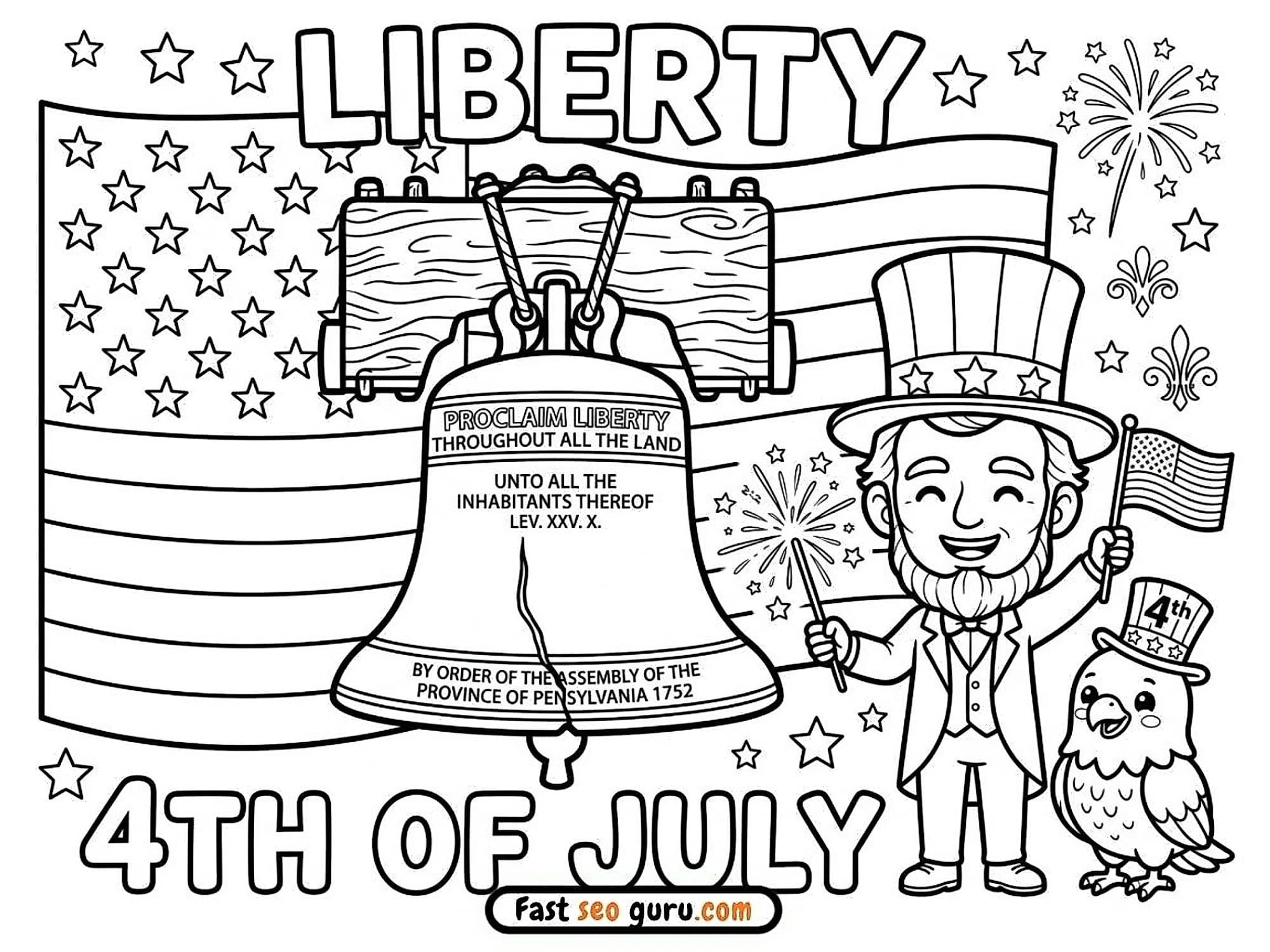 Liberty Bell with Uncle Sam patriotic owl American flag and fireworks in a festive 4th of July scene, printable coloring page