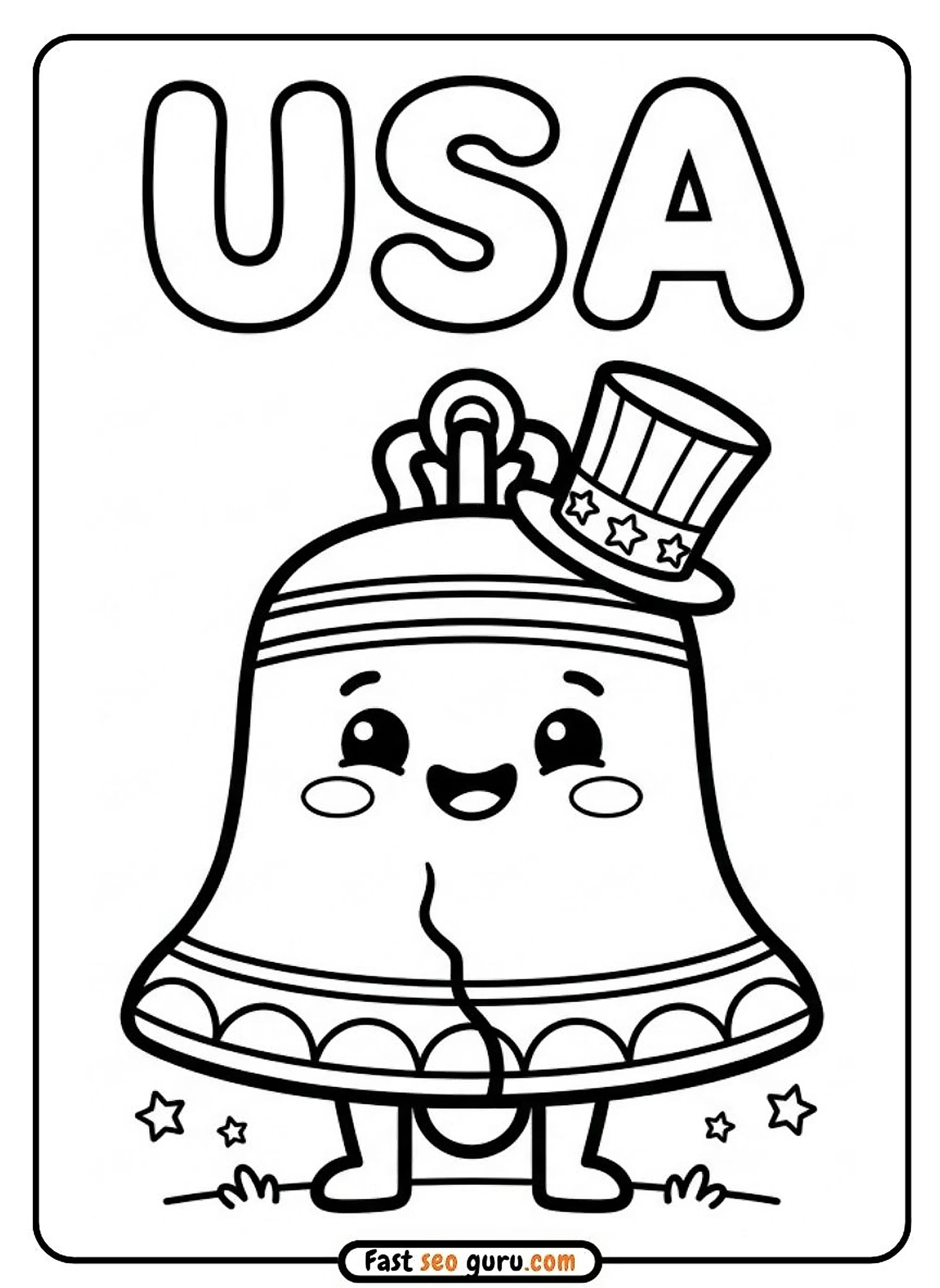 Cute kawaii Liberty Bell wearing a patriotic Uncle Sam hat bold USA lettering, free printable educational coloring page
