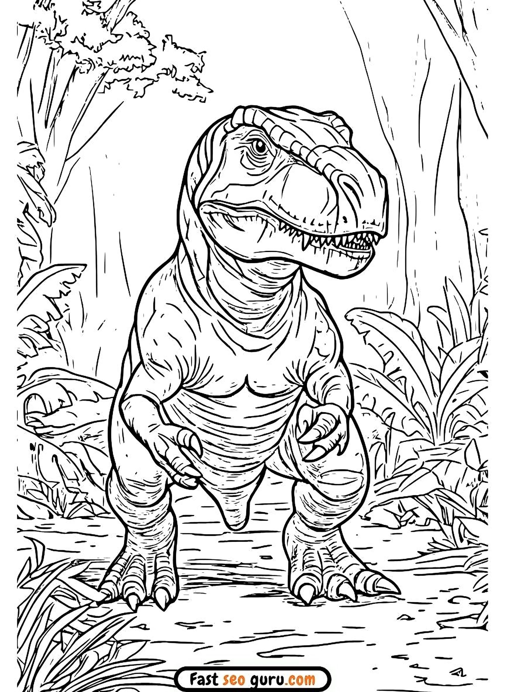 Free printable coloring page Realistic T Rex in Jungle. Dinosaur educational coloring page for kids and adults